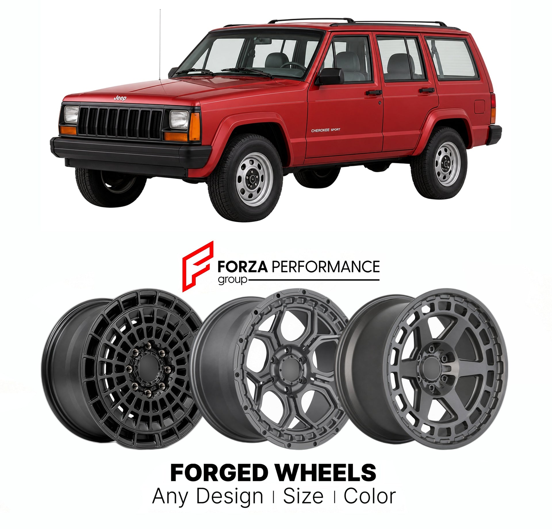 FORGED WHEELS RIMS for JEEP CHEROKEE SPORT XJ 1990 - 2001

Custom forged wheels for Jeep Cherokee Sport XJ 1990 - 2001. Made-to-order monoblock, 2-piece and 3-piece rims in custom sizes, offsets, colors and finishes with guaranteed fitment.

We manufacture premium quality forged wheels rims for Jeep Cherokee Sport XJ 1990 - 2001 in any design, size, color.

THIS WHEEL DESIGN CAN BE CUSTOM-MADE FOR YOUR CAR IN ANY SIZE AND COLOR OPTIONS
Available in monoblock, 2-piece, 3-piece, duoblock, beadlock
3D wheel re