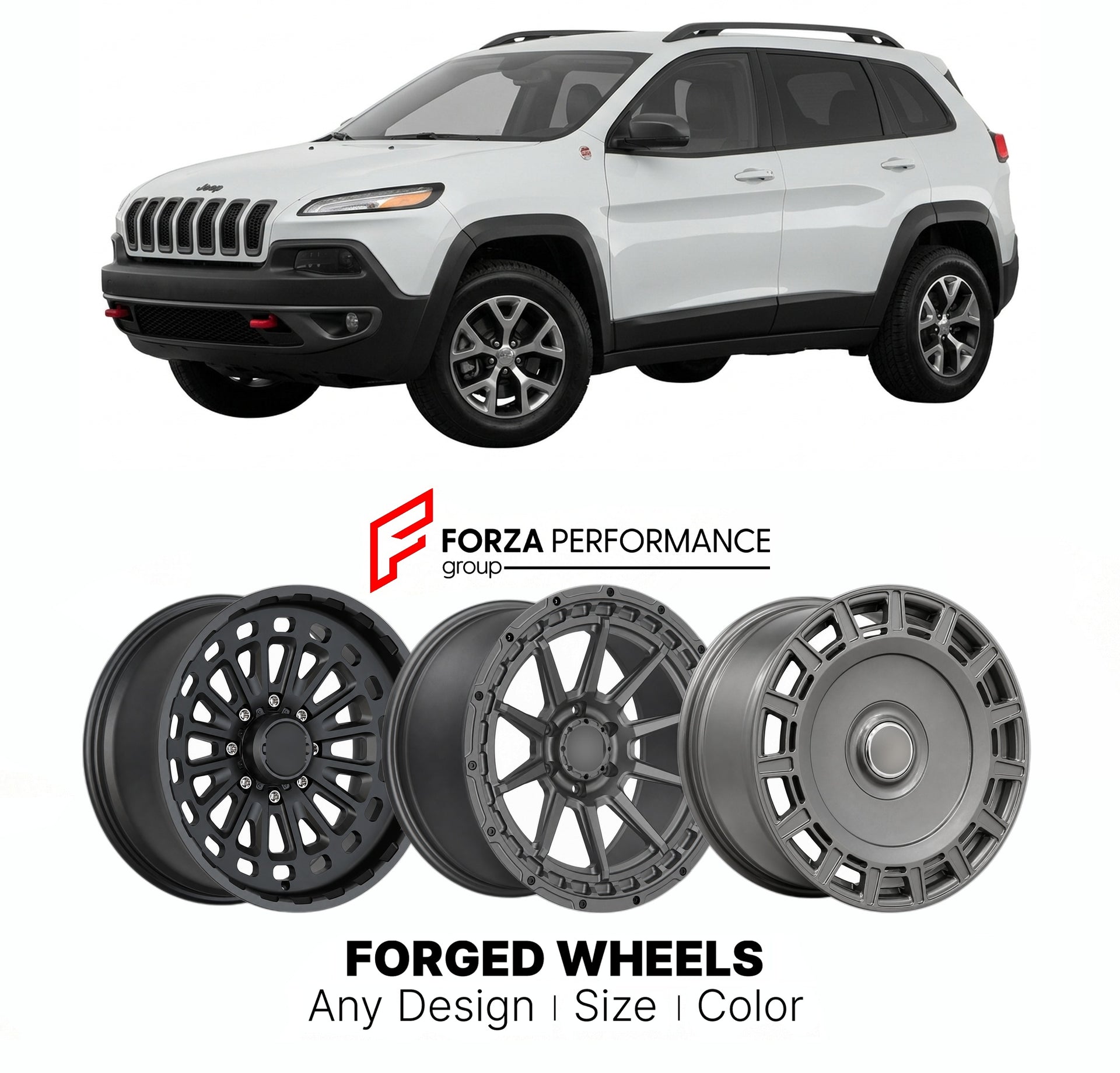 FORGED WHEELS RIMS for JEEP CHEROKEE TRAILHAWK 2014 - 2024

Custom forged wheels for Jeep Cherokee Trailhawk 2014 - 2024. Made-to-order monoblock, 2-piece and 3-piece rims in custom sizes, offsets, colors and finishes with guaranteed fitment.

We manufacture premium quality forged wheels rims for Jeep Cherokee Trailhawk 2014 - 2024 in any design, size, color.

THIS WHEEL DESIGN CAN BE CUSTOM-MADE FOR YOUR CAR IN ANY SIZE AND COLOR OPTIONS
Available in monoblock, 2-piece, 3-piece, duoblock, beadlock
3D wheel