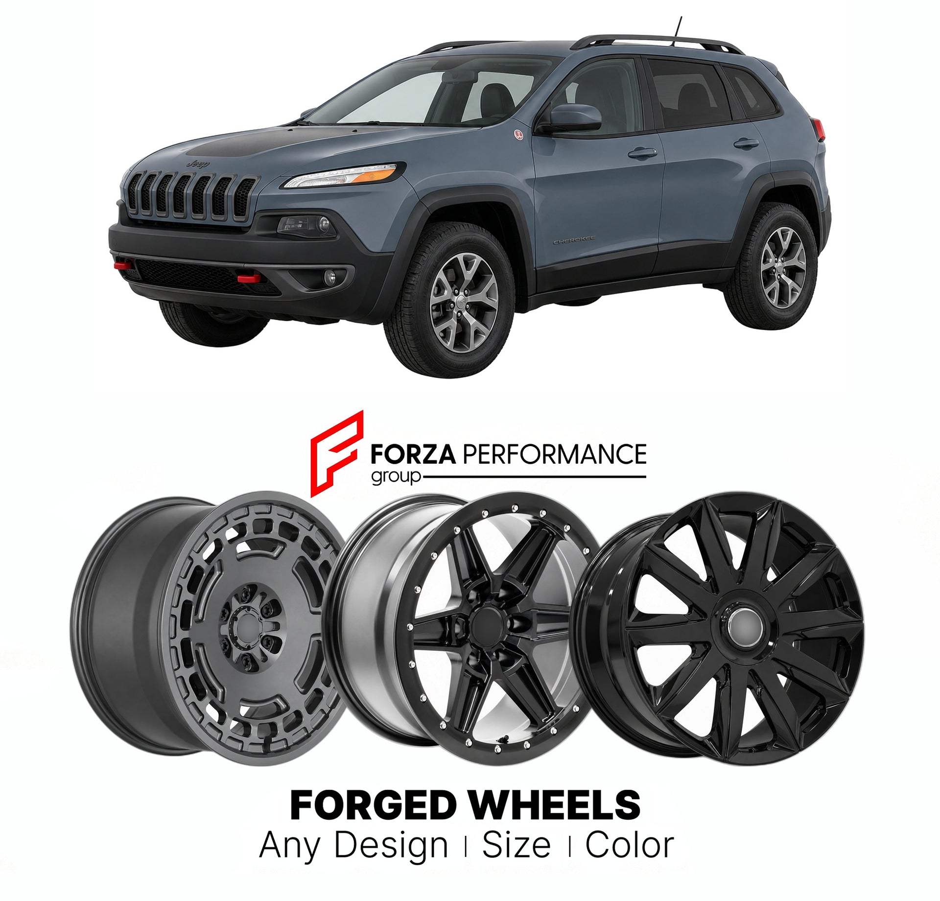 FORGED WHEELS RIMS for JEEP CHEROKEE TRAILHAWK KL 2014 - 2023

Custom forged wheels for Jeep Cherokee Trailhawk KL 2014 - 2023. Made-to-order monoblock, 2-piece and 3-piece rims in custom sizes, offsets, colors and finishes with guaranteed fitment.

We manufacture premium quality forged wheels rims for Jeep Cherokee Trailhawk KL 2014 - 2023 in any design, size, color.

THIS WHEEL DESIGN CAN BE CUSTOM-MADE FOR YOUR CAR IN ANY SIZE AND COLOR OPTIONS
Available in monoblock, 2-piece, 3-piece, duoblock, beadlock