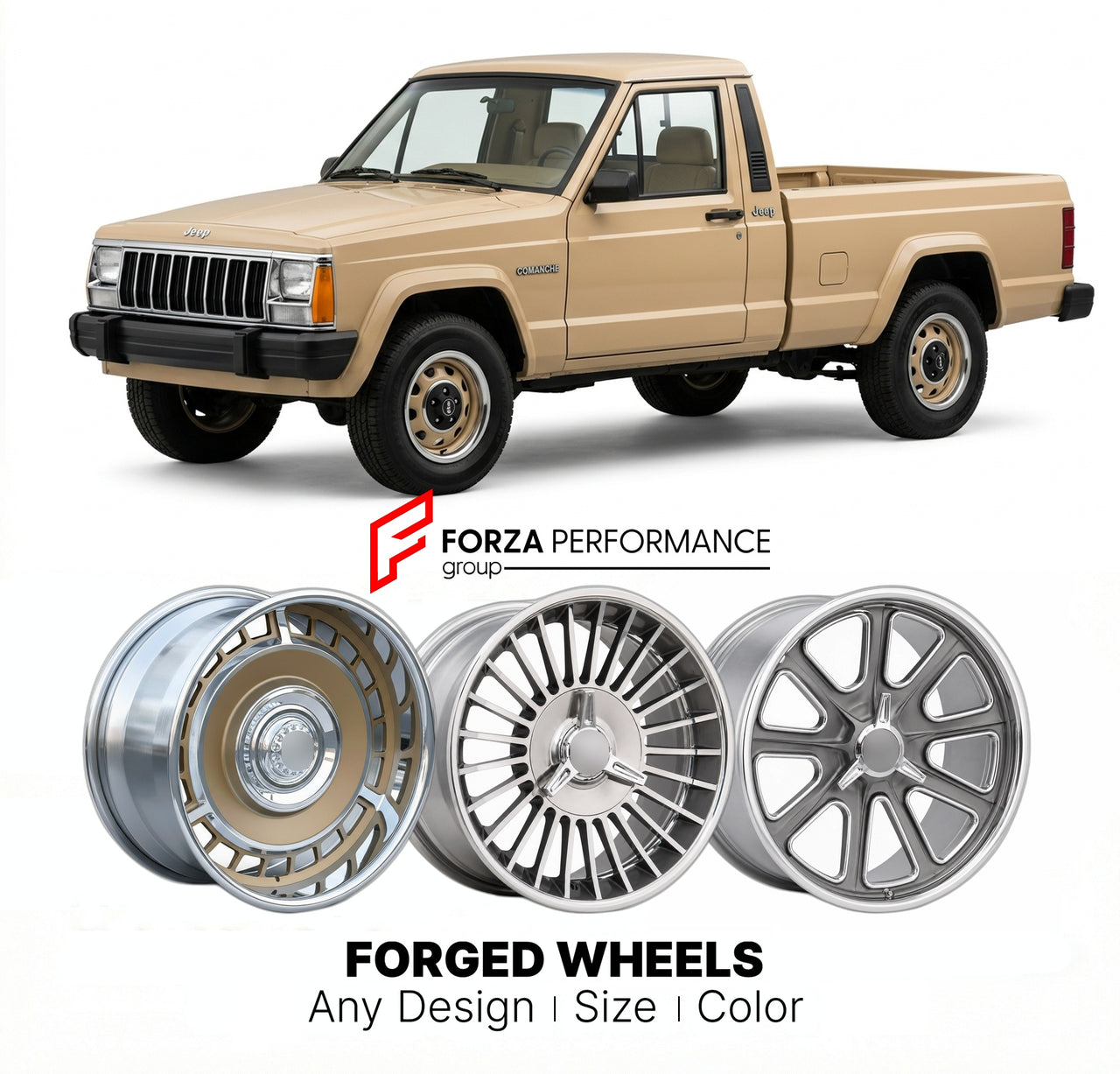CUSTOM CLASSIC VINTAGE RESTOMOD RETRO OLD SCHOOL FORGED WHEELS RIMS for JEEP COMANCHE 1986 - 1990
Custom forged wheels for classic American muscle cars. Ideal for restomod builds, vintage restorations, and show cars. Deep dish and retro styling available.

We manufacture premium quality forged wheels rims for Jeep Comanche 1986 - 1990 in any design, size, color.

THIS WHEEL DESIGN CAN BE CUSTOM-MADE FOR YOUR CAR IN ANY SIZE AND COLOR OPTIONS
Available in monoblock, 2-piece, 3-piece, duoblock, beadlock
3D wh