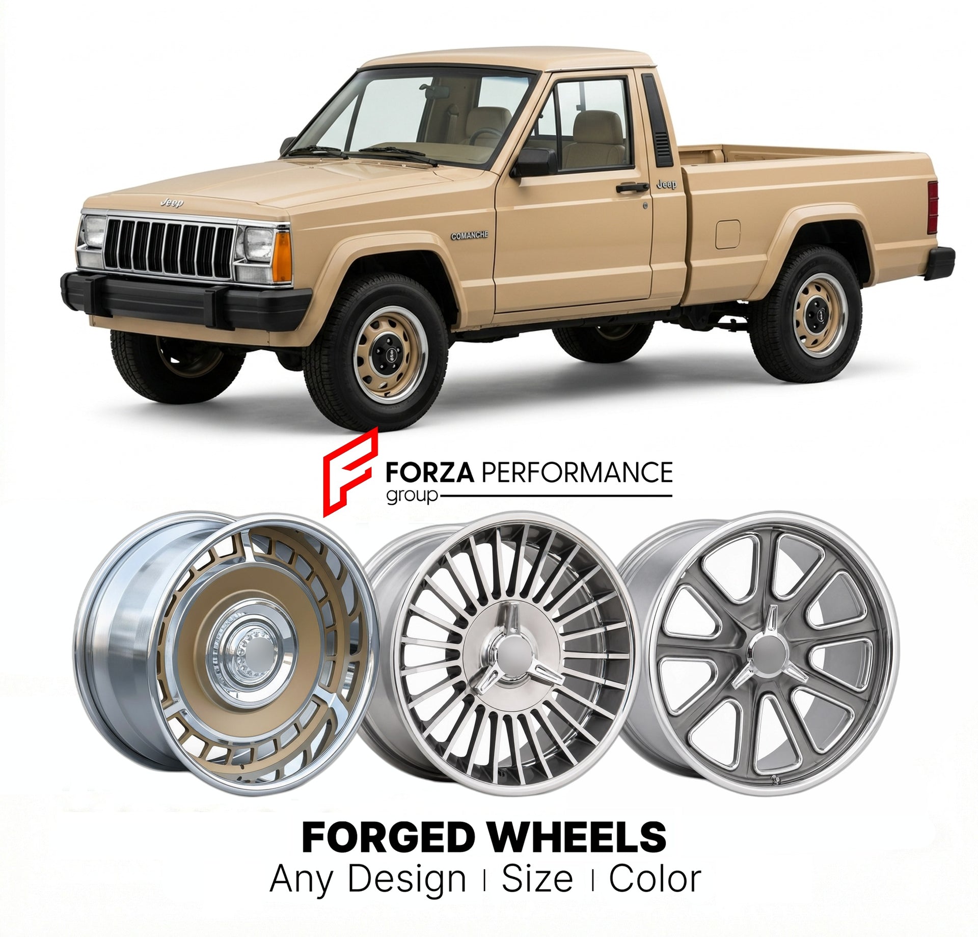 CUSTOM CLASSIC VINTAGE RESTOMOD RETRO OLD SCHOOL FORGED WHEELS RIMS for JEEP COMANCHE 1986 - 1990
Custom forged wheels for classic American muscle cars. Ideal for restomod builds, vintage restorations, and show cars. Deep dish and retro styling available.

We manufacture premium quality forged wheels rims for Jeep Comanche 1986 - 1990 in any design, size, color.

THIS WHEEL DESIGN CAN BE CUSTOM-MADE FOR YOUR CAR IN ANY SIZE AND COLOR OPTIONS
Available in monoblock, 2-piece, 3-piece, duoblock, beadlock
3D wh