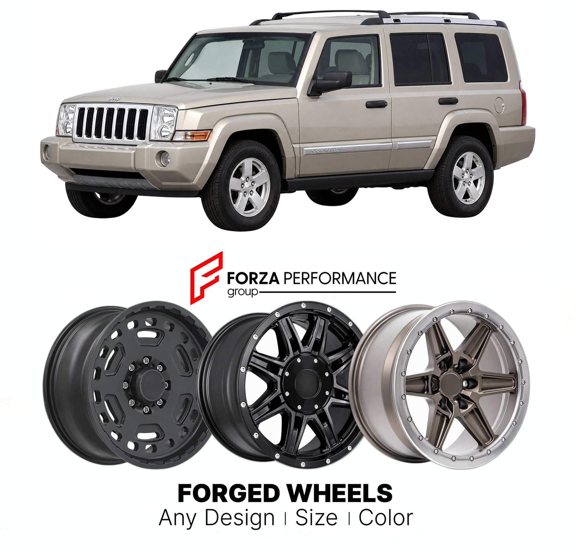 FORGED WHEELS RIMS for JEEP COMMANDER LIMITED XK 2006 - 2010

Custom forged wheels for Jeep Commander Limited XK 2006 - 2010. Made-to-order monoblock, 2-piece and 3-piece rims in custom sizes, offsets, colors and finishes with guaranteed fitment.

We manufacture premium quality forged wheels rims for Jeep Commander Limited XK 2006 - 2010 in any design, size, color.

THIS WHEEL DESIGN CAN BE CUSTOM-MADE FOR YOUR CAR IN ANY SIZE AND COLOR OPTIONS
Available in monoblock, 2-piece, 3-piece, duoblock, beadlock
3D