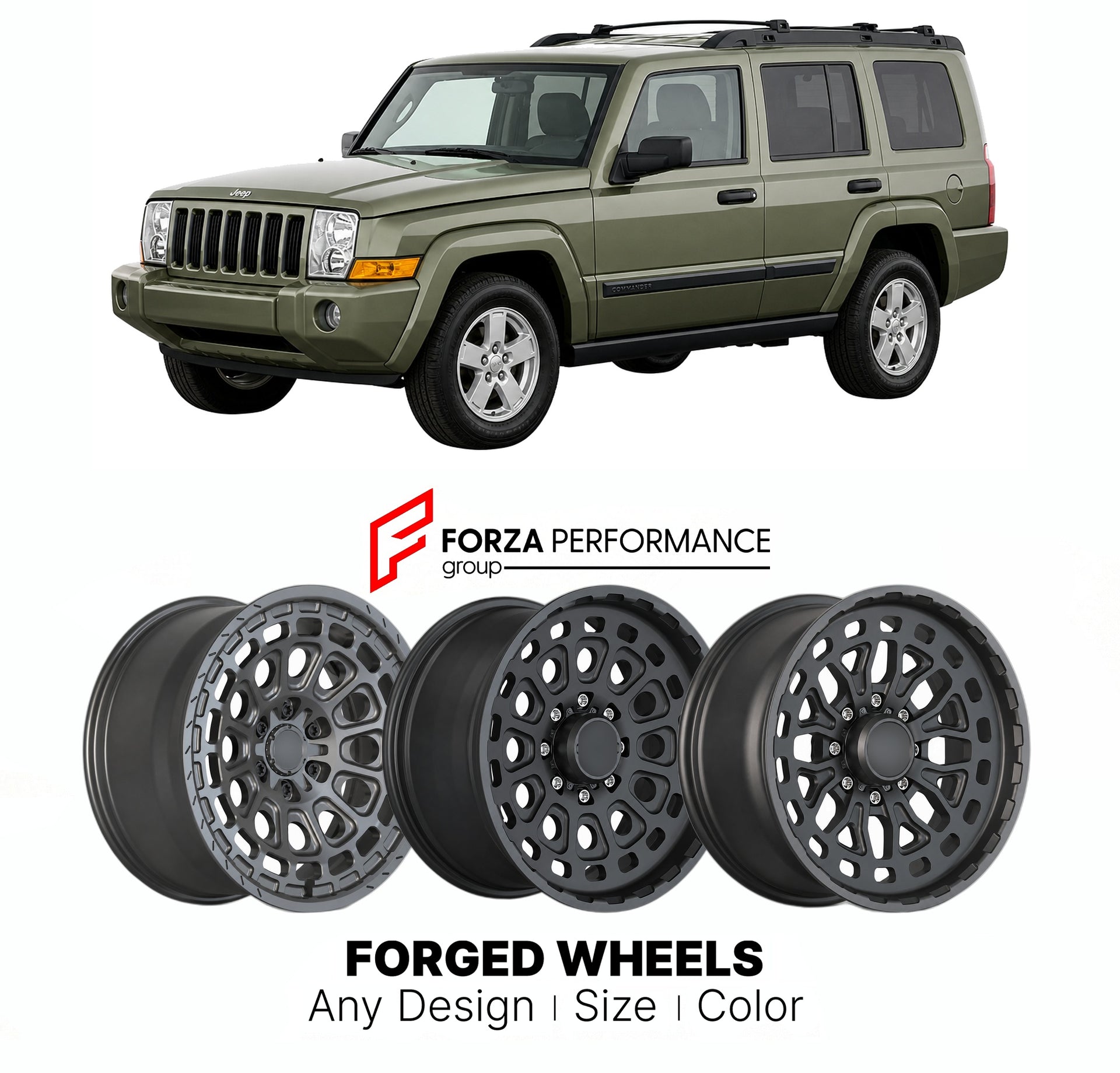 FORGED WHEELS RIMS for JEEP COMMANDER SPORT XK 2006 - 2010

Custom forged wheels for Jeep Commander Sport XK 2006 - 2010. Made-to-order monoblock, 2-piece and 3-piece rims in custom sizes, offsets, colors and finishes with guaranteed fitment.

We manufacture premium quality forged wheels rims for Jeep Commander Sport XK 2006 - 2010 in any design, size, color.

THIS WHEEL DESIGN CAN BE CUSTOM-MADE FOR YOUR CAR IN ANY SIZE AND COLOR OPTIONS
Available in monoblock, 2-piece, 3-piece, duoblock, beadlock
3D wheel