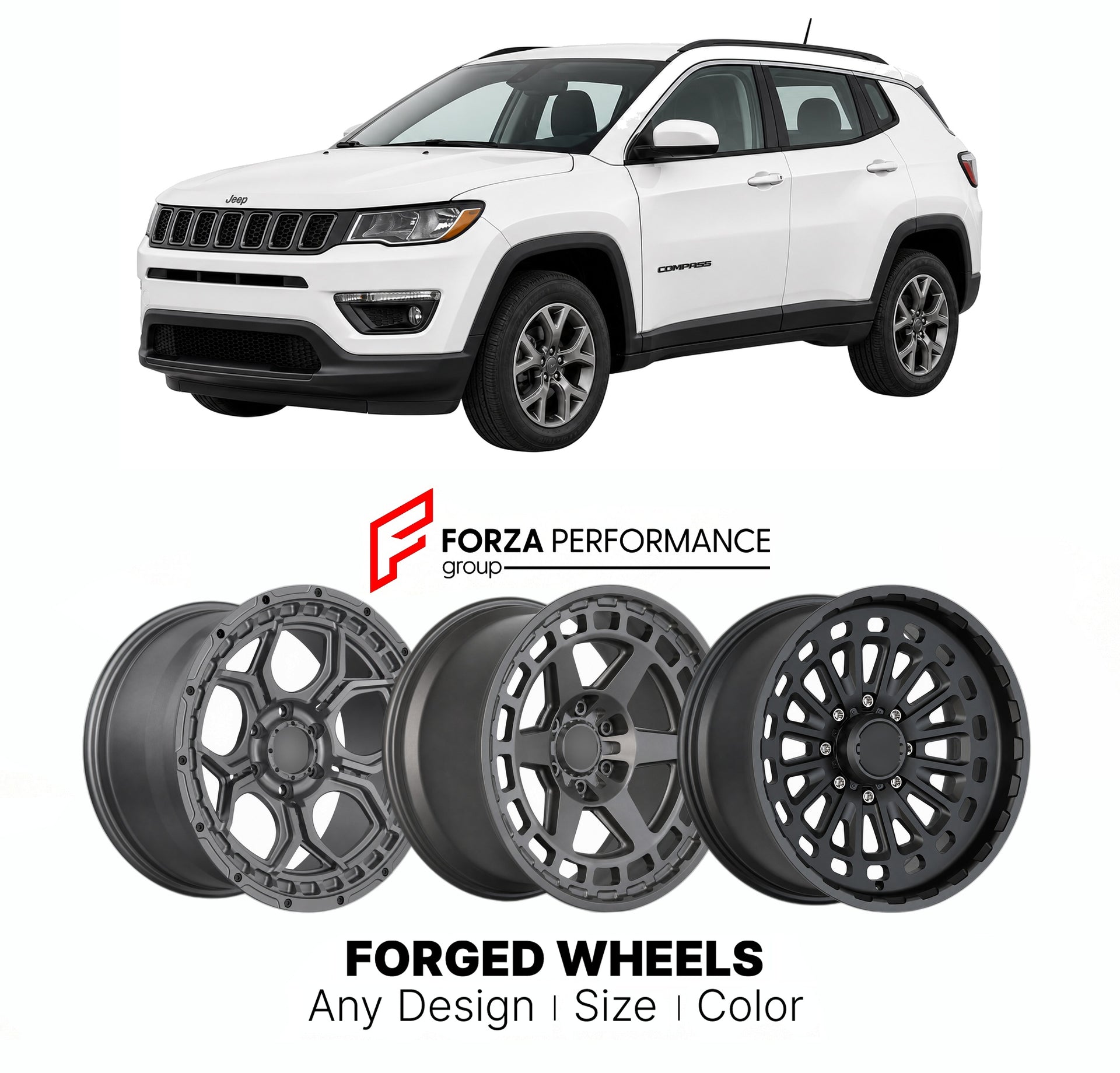 FORGED WHEELS RIMS for JEEP COMPASS 2017+

Custom forged wheels for Jeep Compass 2017+. Made-to-order monoblock, 2-piece and 3-piece rims in custom sizes, offsets, colors and finishes with guaranteed fitment.

We manufacture premium quality forged wheels rims for Jeep Compass 2017+ in any design, size, color.

THIS WHEEL DESIGN CAN BE CUSTOM-MADE FOR YOUR CAR IN ANY SIZE AND COLOR OPTIONS
Available in monoblock, 2-piece, 3-piece, duoblock, beadlock
3D wheel renderings are provided according to the exact dim