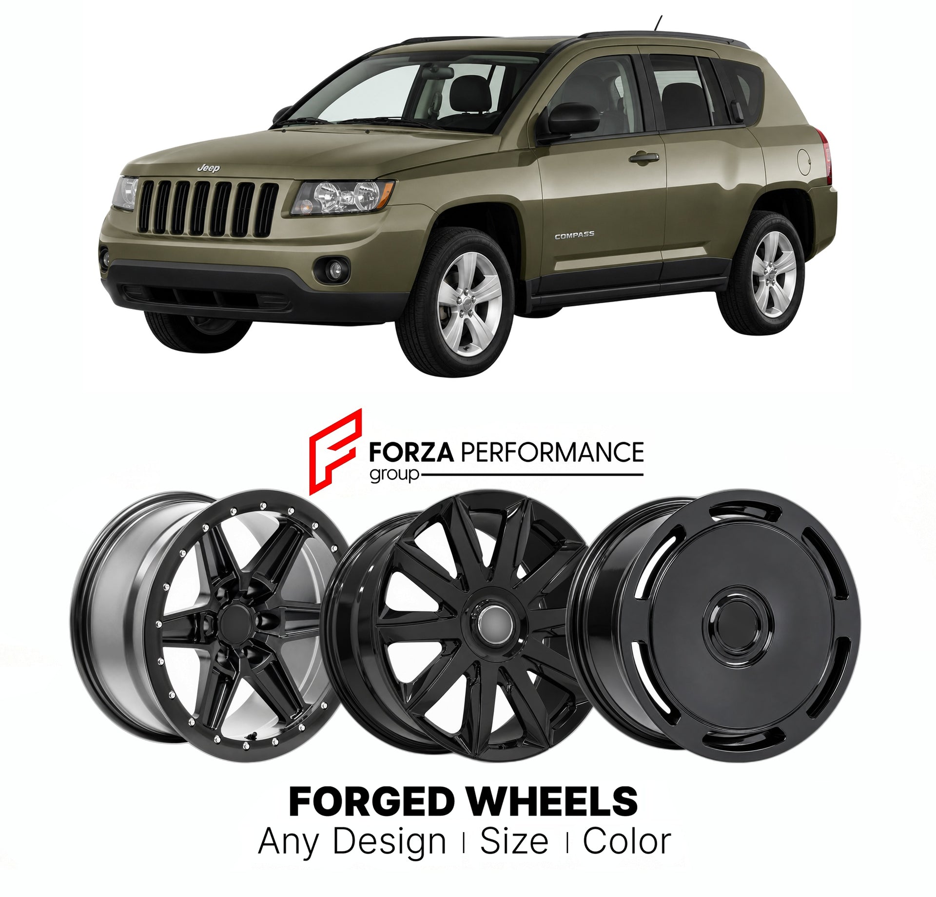 FORGED WHEELS RIMS for JEEP COMPASS LATITUDE 2007+

Custom forged wheels for Jeep Compass Latitude 2007+. Made-to-order monoblock, 2-piece and 3-piece rims in custom sizes, offsets, colors and finishes with guaranteed fitment.

We manufacture premium quality forged wheels rims for Jeep Compass Latitude 2007+ in any design, size, color.

THIS WHEEL DESIGN CAN BE CUSTOM-MADE FOR YOUR CAR IN ANY SIZE AND COLOR OPTIONS
Available in monoblock, 2-piece, 3-piece, duoblock, beadlock
3D wheel renderings are provided