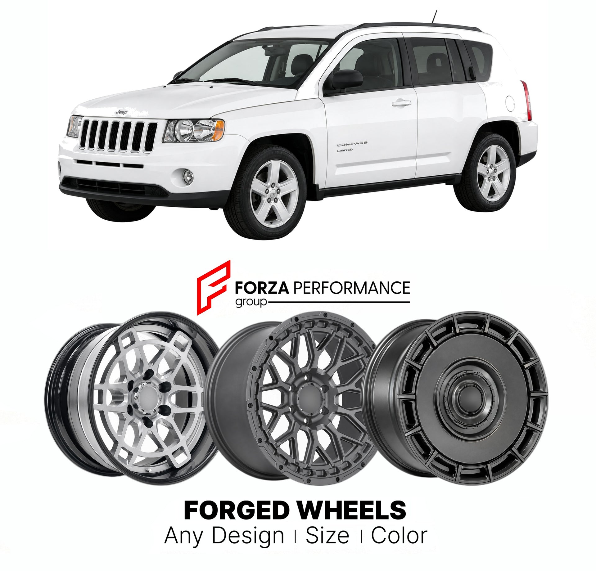 FORGED WHEELS RIMS for JEEP COMPASS LIMITED 2007+

Custom forged wheels for Jeep Compass Limited 2007+. Made-to-order monoblock, 2-piece and 3-piece rims in custom sizes, offsets, colors and finishes with guaranteed fitment.

We manufacture premium quality forged wheels rims for Jeep Compass Limited 2007+ in any design, size, color.

THIS WHEEL DESIGN CAN BE CUSTOM-MADE FOR YOUR CAR IN ANY SIZE AND COLOR OPTIONS
Available in monoblock, 2-piece, 3-piece, duoblock, beadlock
3D wheel renderings are provided ac