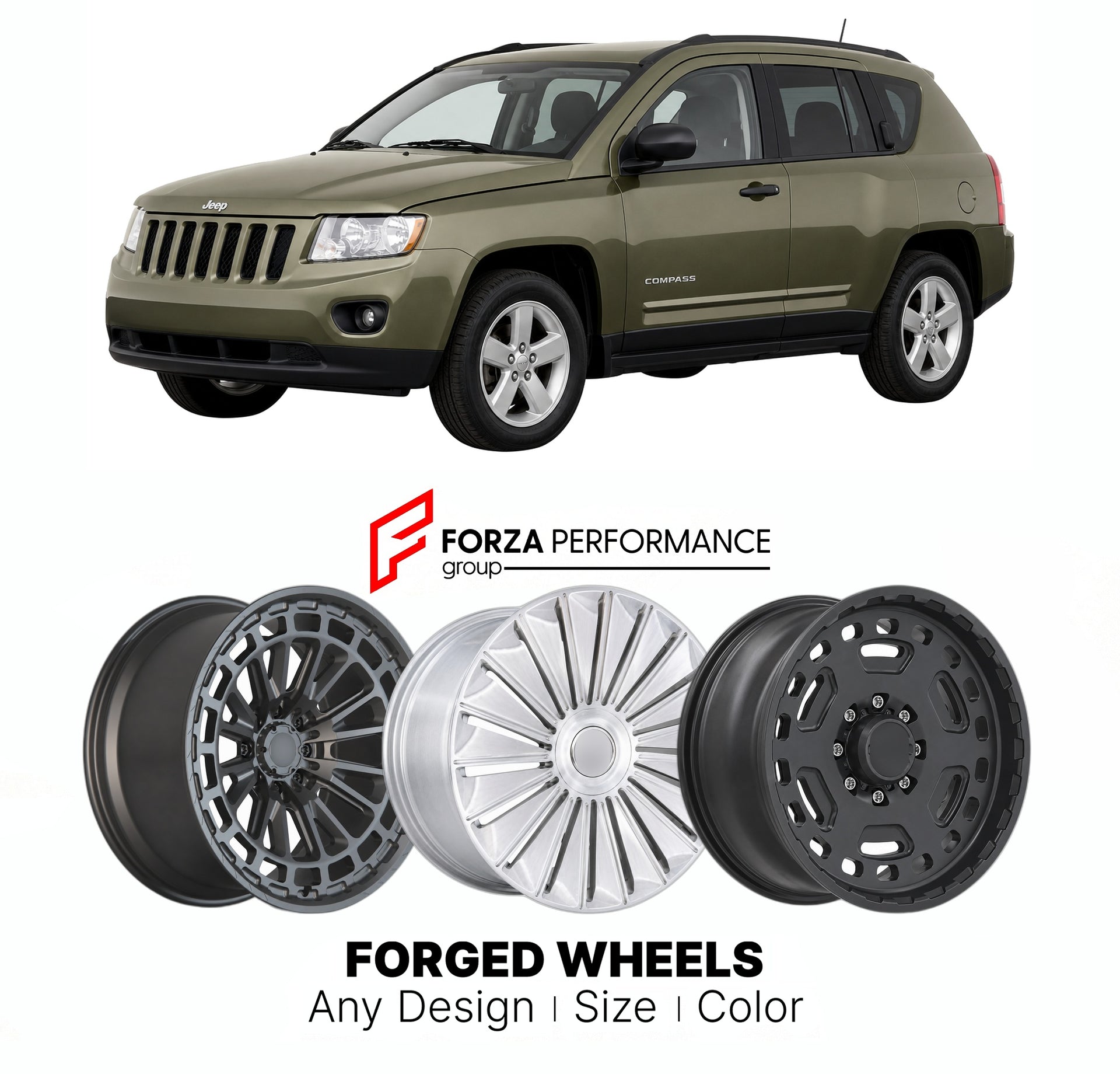 FORGED WHEELS RIMS for JEEP COMPASS SPORT 2007+

Custom forged wheels for Jeep Compass Sport 2007+. Made-to-order monoblock, 2-piece and 3-piece rims in custom sizes, offsets, colors and finishes with guaranteed fitment.

We manufacture premium quality forged wheels rims for Jeep Compass Sport 2007+ in any design, size, color.

THIS WHEEL DESIGN CAN BE CUSTOM-MADE FOR YOUR CAR IN ANY SIZE AND COLOR OPTIONS
Available in monoblock, 2-piece, 3-piece, duoblock, beadlock
3D wheel renderings are provided accordin