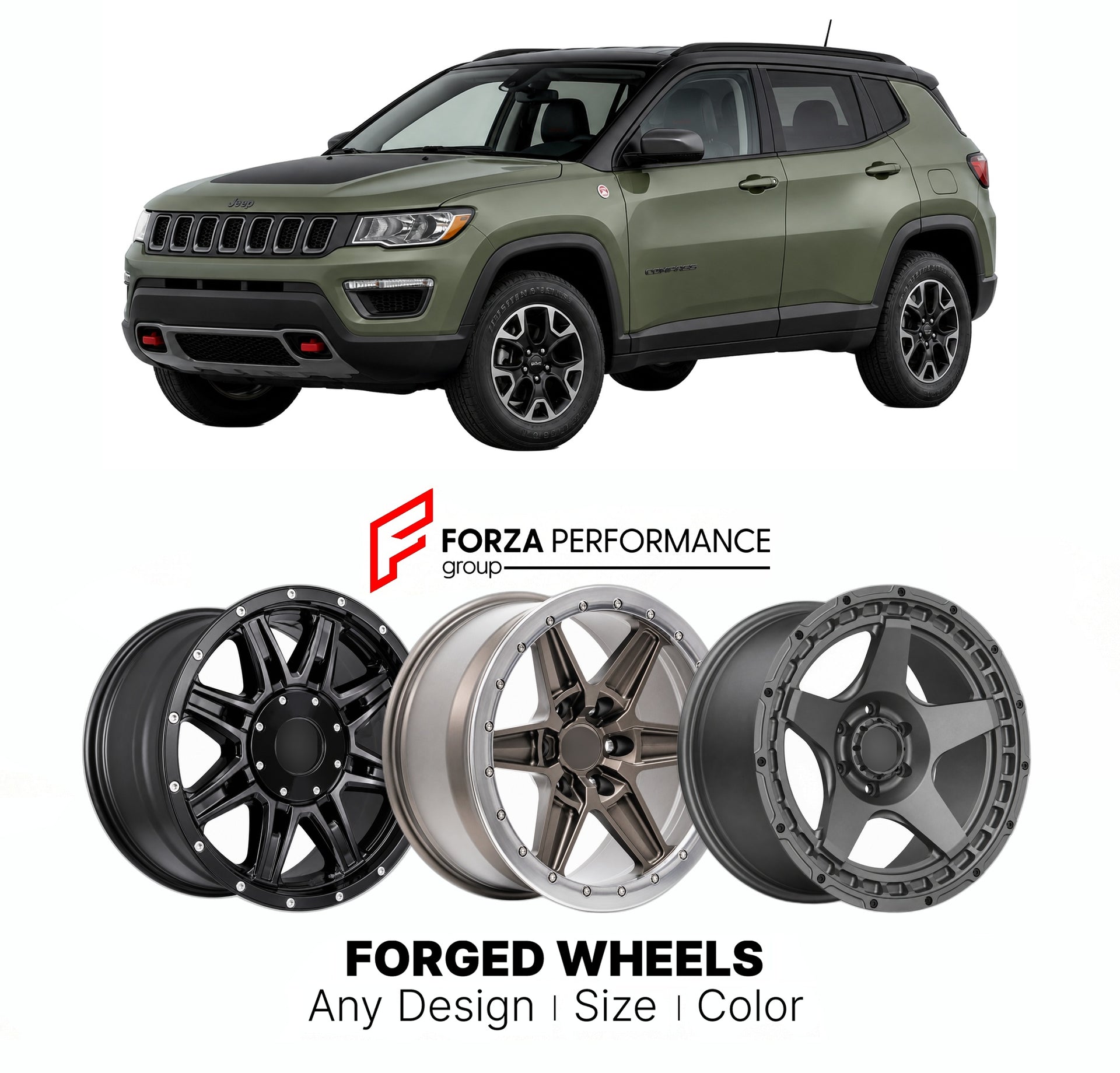 FORGED WHEELS RIMS for JEEP COMPASS TRAILHAWK 2007+

Custom forged wheels for Jeep Compass Trailhawk 2007+. Made-to-order monoblock, 2-piece and 3-piece rims in custom sizes, offsets, colors and finishes with guaranteed fitment.

We manufacture premium quality forged wheels rims for Jeep Compass Trailhawk 2007+ in any design, size, color.

THIS WHEEL DESIGN CAN BE CUSTOM-MADE FOR YOUR CAR IN ANY SIZE AND COLOR OPTIONS
Available in monoblock, 2-piece, 3-piece, duoblock, beadlock
3D wheel renderings are provi