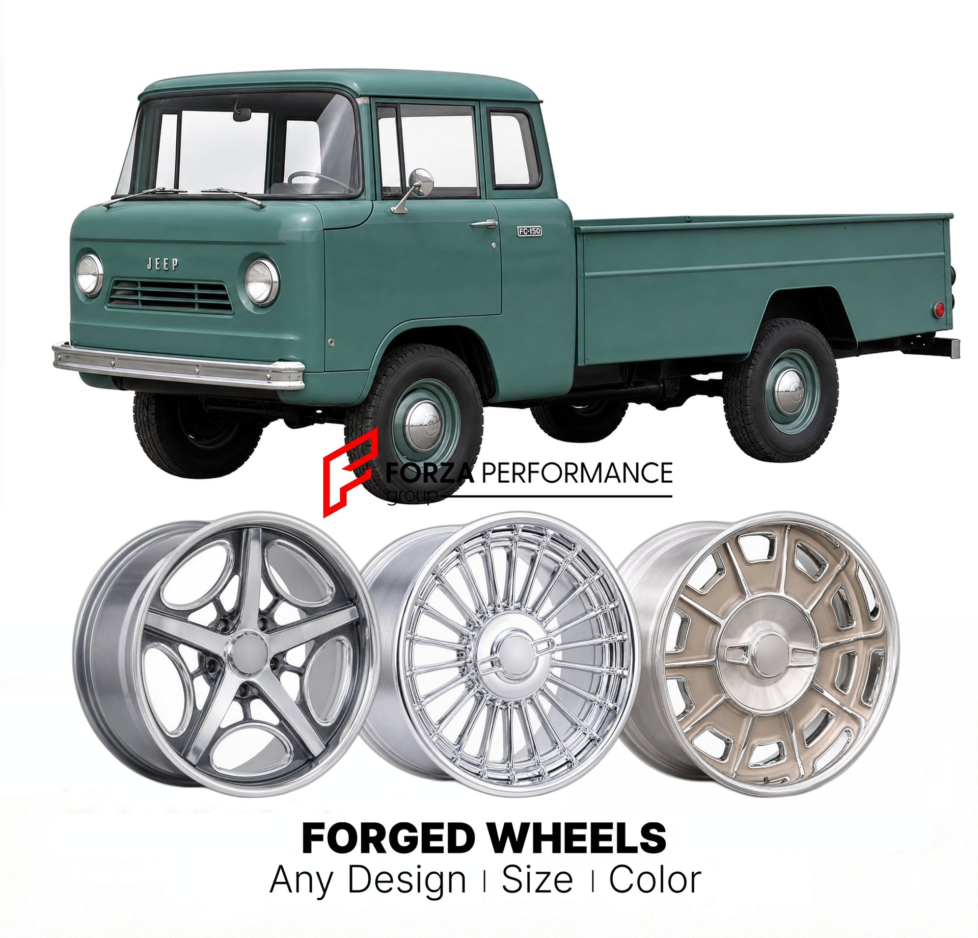CUSTOM CLASSIC VINTAGE RESTOMOD RETRO OLD SCHOOL FORGED WHEELS RIMS for JEEP FC-150 1959 - 1965
Custom forged wheels for classic American muscle cars. Ideal for restomod builds, vintage restorations, and show cars. Deep dish and retro styling available.

We manufacture premium quality forged wheels rims for Jeep FC-150 1959 - 1965 in any design, size, color.

THIS WHEEL DESIGN CAN BE CUSTOM-MADE FOR YOUR CAR IN ANY SIZE AND COLOR OPTIONS
Available in monoblock, 2-piece, 3-piece, duoblock, beadlock
3D wheel 