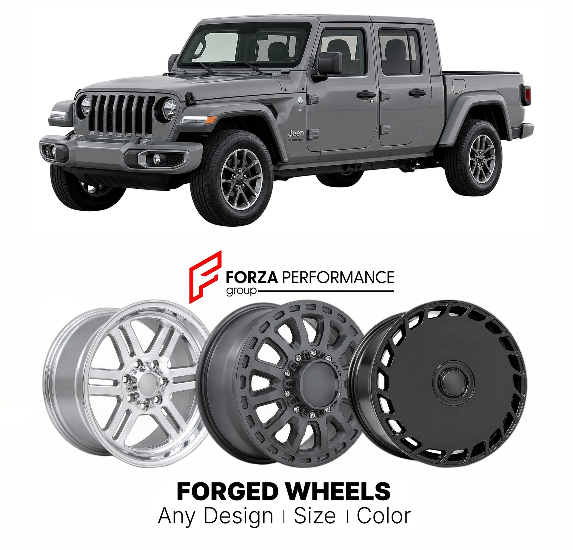 FORGED WHEELS RIMS for JEEP GLADIATOR HIGH ALTITUDE JT 2020+

Custom forged wheels for Jeep Gladiator High Altitude JT 2020+. Made-to-order monoblock, 2-piece and 3-piece rims in custom sizes, offsets, colors and finishes with guaranteed fitment.

We manufacture premium quality forged wheels rims for Jeep Gladiator High Altitude JT 2020+ in any design, size, color.

THIS WHEEL DESIGN CAN BE CUSTOM-MADE FOR YOUR CAR IN ANY SIZE AND COLOR OPTIONS
Available in monoblock, 2-piece, 3-piece, duoblock, beadlock
3D