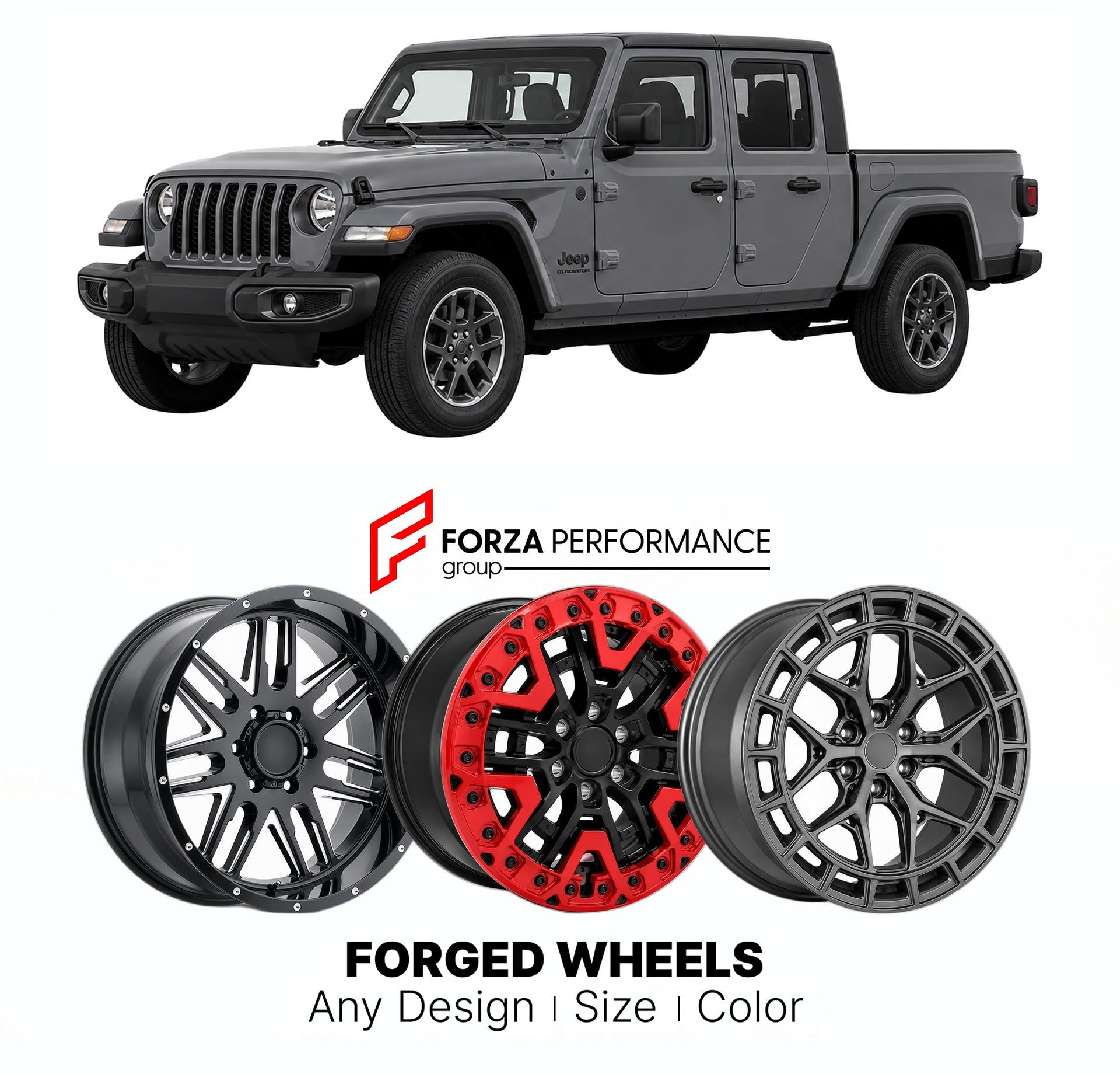 FORGED WHEELS RIMS for JEEP GLADIATOR JT 2020+

Custom forged wheels for Jeep Gladiator JT 2020+. Made-to-order monoblock, 2-piece and 3-piece rims in custom sizes, offsets, colors and finishes with guaranteed fitment.

We manufacture premium quality forged wheels rims for Jeep Gladiator JT 2020+ in any design, size, color.

THIS WHEEL DESIGN CAN BE CUSTOM-MADE FOR YOUR CAR IN ANY SIZE AND COLOR OPTIONS
Available in monoblock, 2-piece, 3-piece, duoblock, beadlock
3D wheel renderings are provided according t