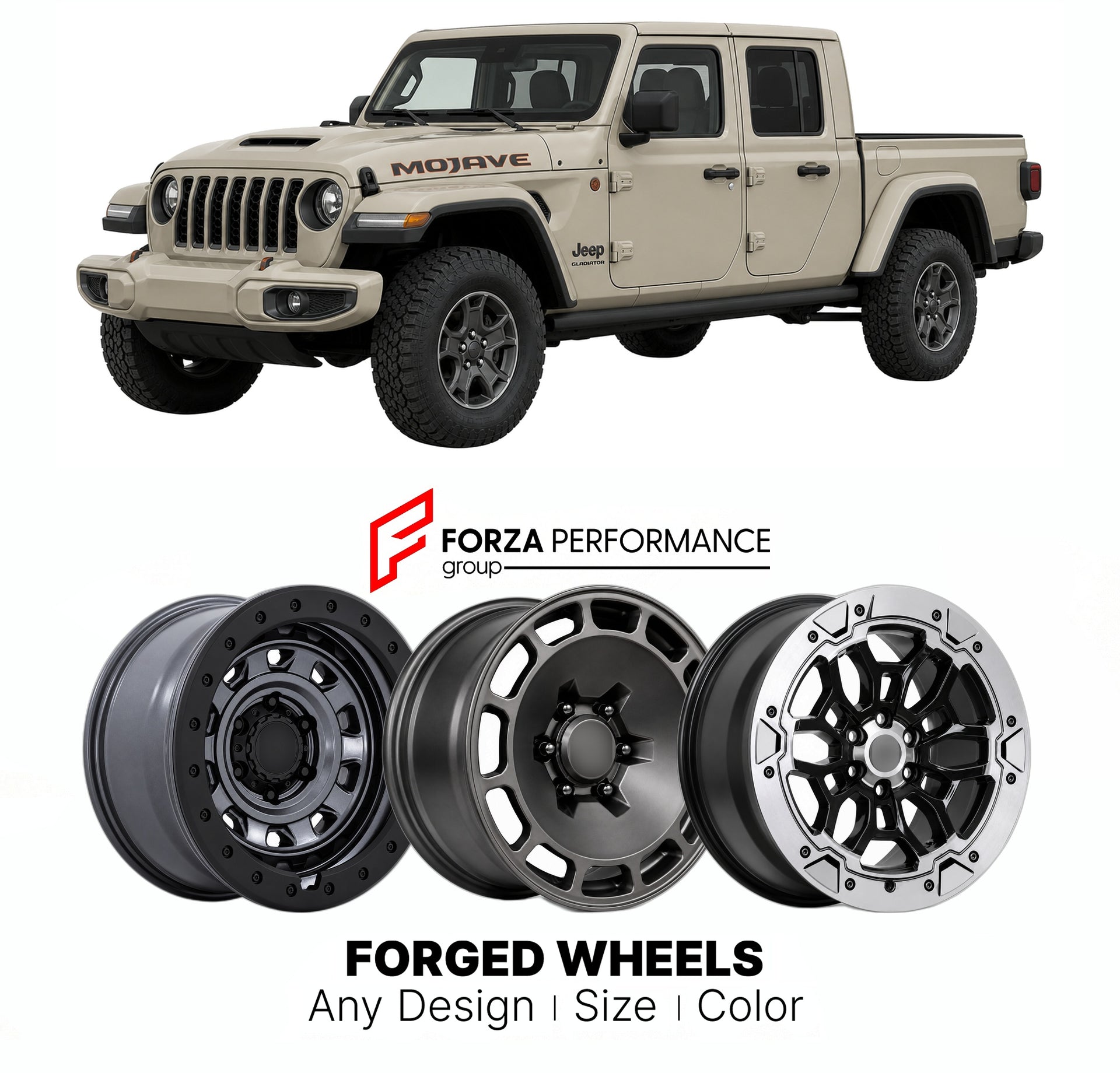 FORGED WHEELS RIMS for JEEP GLADIATOR MOJAVE JT 2020+

Custom forged wheels for Jeep Gladiator Mojave JT 2020+. Made-to-order monoblock, 2-piece and 3-piece rims in custom sizes, offsets, colors and finishes with guaranteed fitment.

We manufacture premium quality forged wheels rims for Jeep Gladiator Mojave JT 2020+ in any design, size, color.

THIS WHEEL DESIGN CAN BE CUSTOM-MADE FOR YOUR CAR IN ANY SIZE AND COLOR OPTIONS
Available in monoblock, 2-piece, 3-piece, duoblock, beadlock
3D wheel renderings are