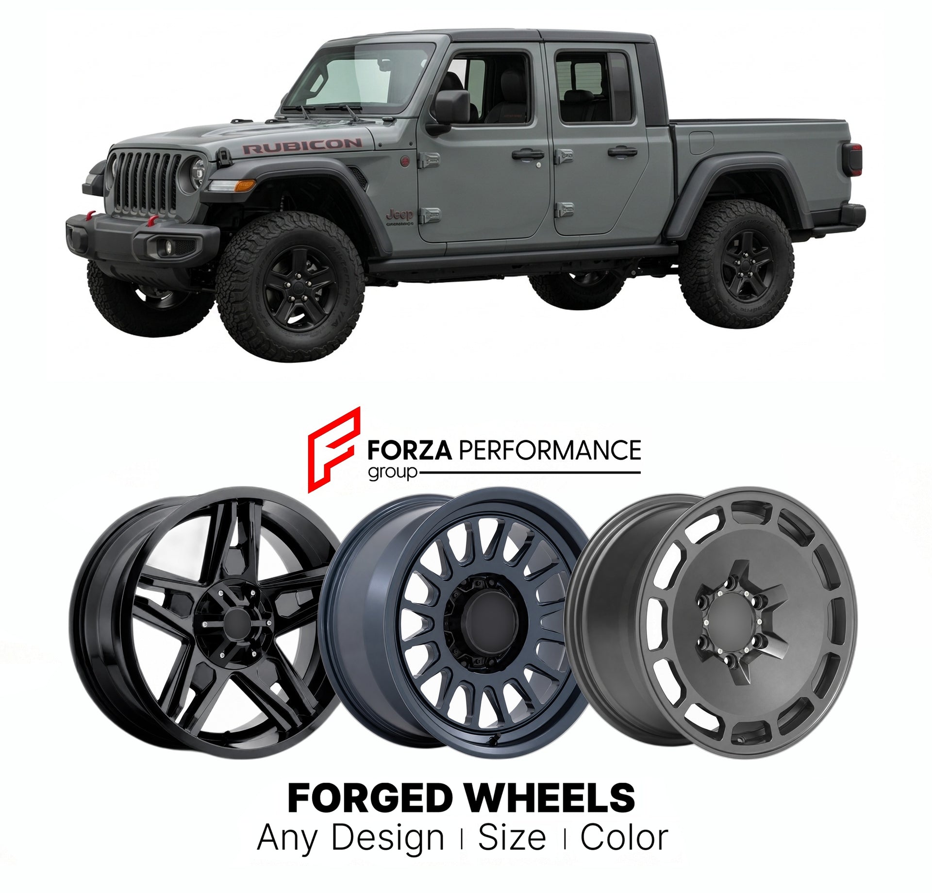 FORGED WHEELS RIMS for JEEP GLADIATOR RUBICON 2020 - 2024

Custom forged wheels for Jeep Gladiator Rubicon 2020 - 2024. Made-to-order monoblock, 2-piece and 3-piece rims in custom sizes, offsets, colors and finishes with guaranteed fitment.

We manufacture premium quality forged wheels rims for Jeep Gladiator Rubicon 2020 - 2024 in any design, size, color.

THIS WHEEL DESIGN CAN BE CUSTOM-MADE FOR YOUR CAR IN ANY SIZE AND COLOR OPTIONS
Available in monoblock, 2-piece, 3-piece, duoblock, beadlock
3D wheel re