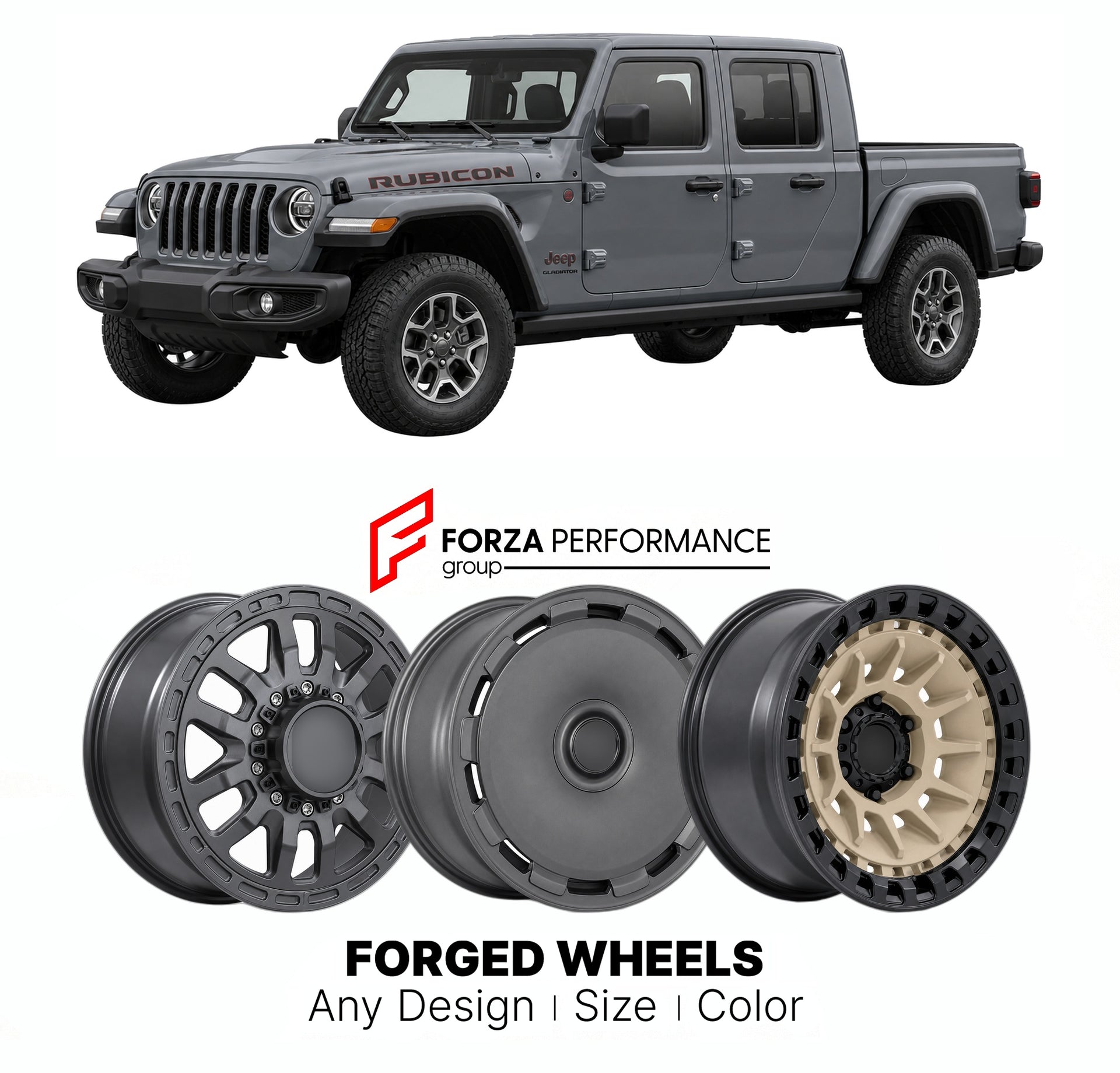 FORGED WHEELS RIMS for JEEP GLADIATOR RUBICON JT 2020+

Custom forged wheels for Jeep Gladiator Rubicon JT 2020+. Made-to-order monoblock, 2-piece and 3-piece rims in custom sizes, offsets, colors and finishes with guaranteed fitment.

We manufacture premium quality forged wheels rims for Jeep Gladiator Rubicon JT 2020+ in any design, size, color.

THIS WHEEL DESIGN CAN BE CUSTOM-MADE FOR YOUR CAR IN ANY SIZE AND COLOR OPTIONS
Available in monoblock, 2-piece, 3-piece, duoblock, beadlock
3D wheel renderings 
