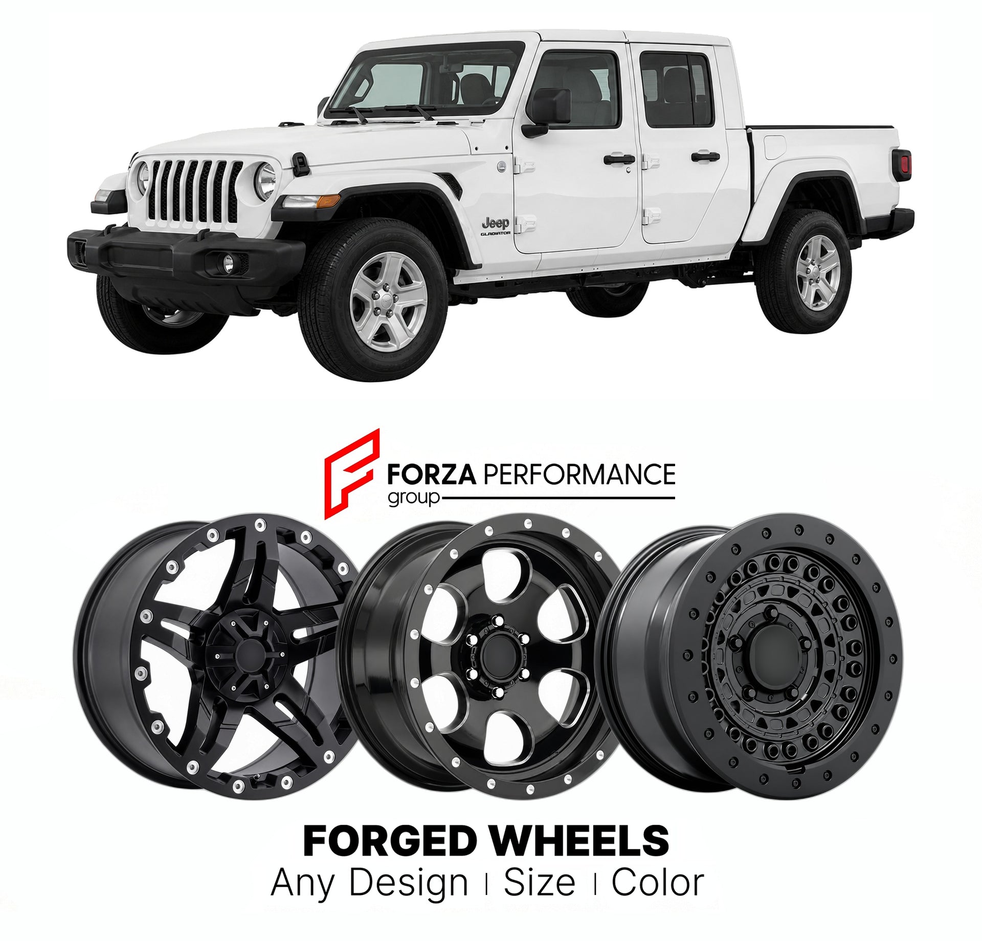 FORGED WHEELS RIMS for JEEP GLADIATOR SPORT JT 2020+

Custom forged wheels for Jeep Gladiator Sport JT 2020+. Made-to-order monoblock, 2-piece and 3-piece rims in custom sizes, offsets, colors and finishes with guaranteed fitment.

We manufacture premium quality forged wheels rims for Jeep Gladiator Sport JT 2020+ in any design, size, color.

THIS WHEEL DESIGN CAN BE CUSTOM-MADE FOR YOUR CAR IN ANY SIZE AND COLOR OPTIONS
Available in monoblock, 2-piece, 3-piece, duoblock, beadlock
3D wheel renderings are pr