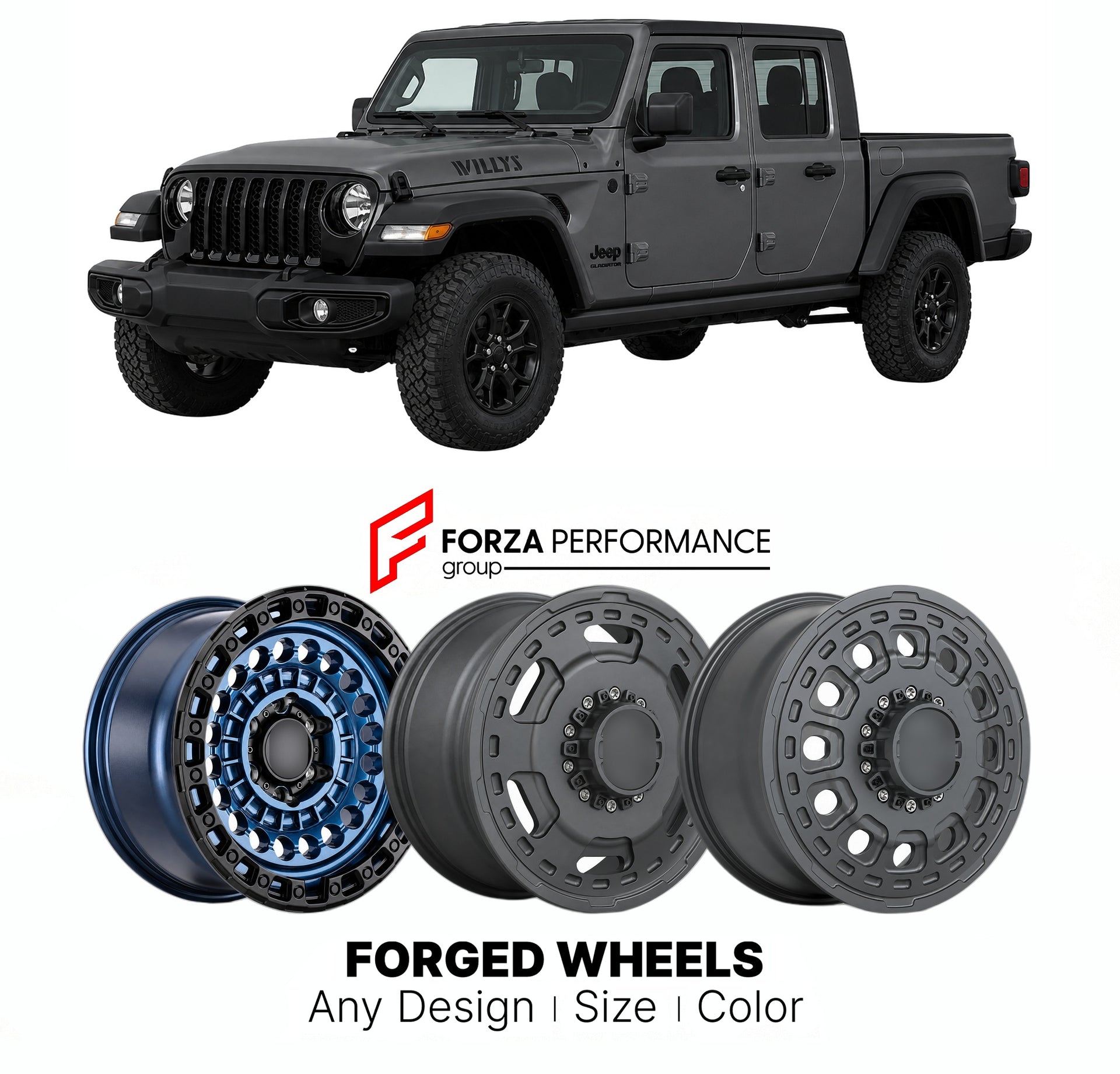 FORGED WHEELS RIMS for JEEP GLADIATOR WILLYS JT 2020+

Custom forged wheels for Jeep Gladiator Willys JT 2020+. Made-to-order monoblock, 2-piece and 3-piece rims in custom sizes, offsets, colors and finishes with guaranteed fitment.

We manufacture premium quality forged wheels rims for Jeep Gladiator Willys JT 2020+ in any design, size, color.

THIS WHEEL DESIGN CAN BE CUSTOM-MADE FOR YOUR CAR IN ANY SIZE AND COLOR OPTIONS
Available in monoblock, 2-piece, 3-piece, duoblock, beadlock
3D wheel renderings are