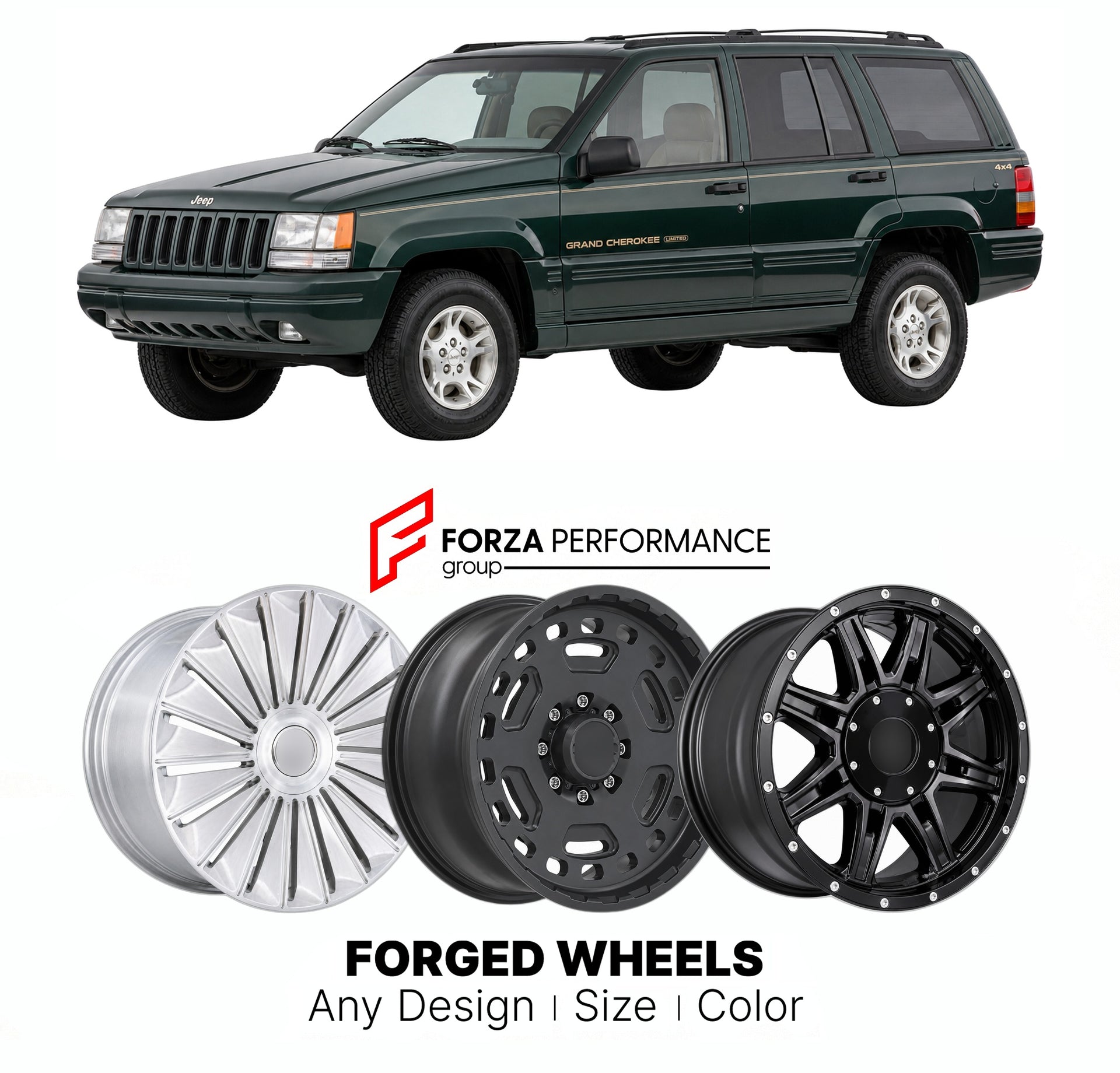 FORGED WHEELS RIMS for JEEP GRAND CHEROKEE 5.9 LIMITED ZJ 1993 - 1998

Custom forged wheels for Jeep Grand Cherokee 5.9 Limited ZJ 1993 - 1998. Made-to-order monoblock, 2-piece and 3-piece rims in custom sizes, offsets, colors and finishes with guaranteed fitment.

We manufacture premium quality forged wheels rims for Jeep Grand Cherokee 5.9 Limited ZJ 1993 - 1998 in any design, size, color.

THIS WHEEL DESIGN CAN BE CUSTOM-MADE FOR YOUR CAR IN ANY SIZE AND COLOR OPTIONS
Available in monoblock, 2-piece, 3-p