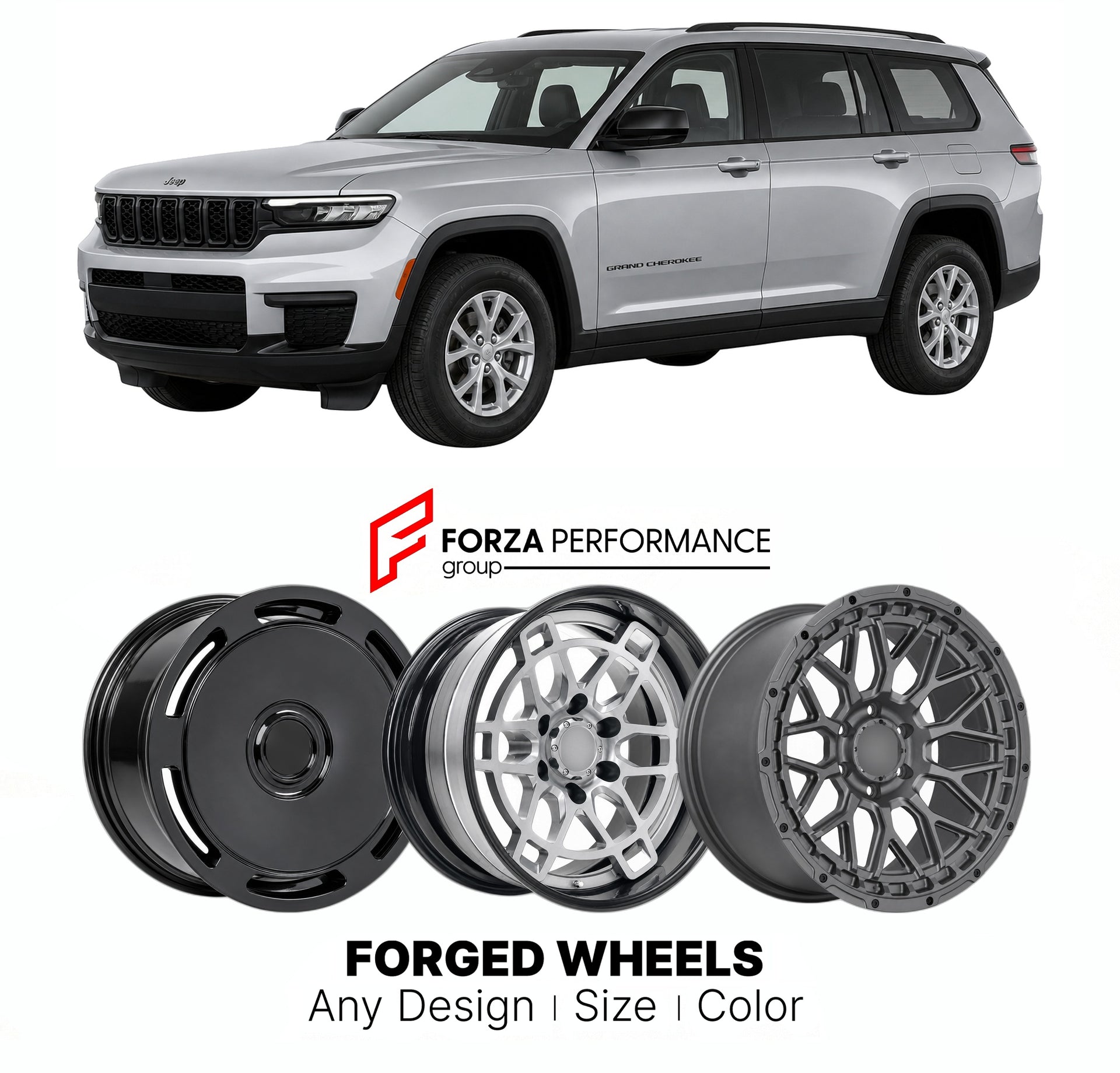FORGED WHEELS RIMS for JEEP GRAND CHEROKEE LAREDO WL 2021+

Custom forged wheels for Jeep Grand Cherokee Laredo WL 2021+. Made-to-order monoblock, 2-piece and 3-piece rims in custom sizes, offsets, colors and finishes with guaranteed fitment.

We manufacture premium quality forged wheels rims for Jeep Grand Cherokee Laredo WL 2021+ in any design, size, color.

THIS WHEEL DESIGN CAN BE CUSTOM-MADE FOR YOUR CAR IN ANY SIZE AND COLOR OPTIONS
Available in monoblock, 2-piece, 3-piece, duoblock, beadlock
3D wheel