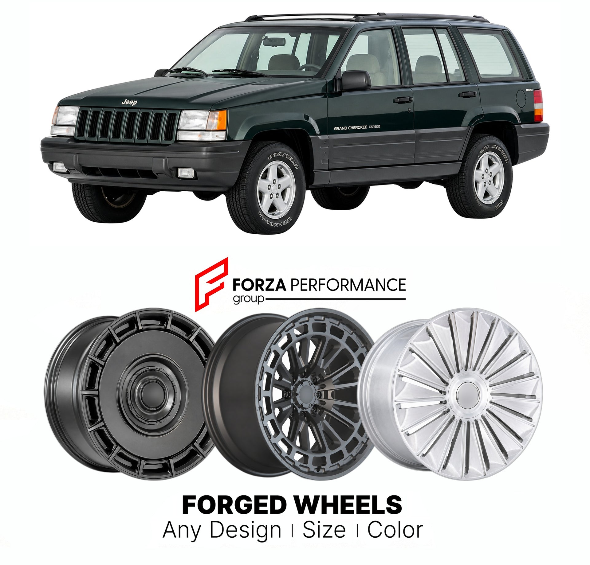 FORGED WHEELS RIMS for JEEP GRAND CHEROKEE LAREDO ZJ 1993 - 1998

Custom forged wheels for Jeep Grand Cherokee Laredo ZJ 1993 - 1998. Made-to-order monoblock, 2-piece and 3-piece rims in custom sizes, offsets, colors and finishes with guaranteed fitment.

We manufacture premium quality forged wheels rims for Jeep Grand Cherokee Laredo ZJ 1993 - 1998 in any design, size, color.

THIS WHEEL DESIGN CAN BE CUSTOM-MADE FOR YOUR CAR IN ANY SIZE AND COLOR OPTIONS
Available in monoblock, 2-piece, 3-piece, duoblock,