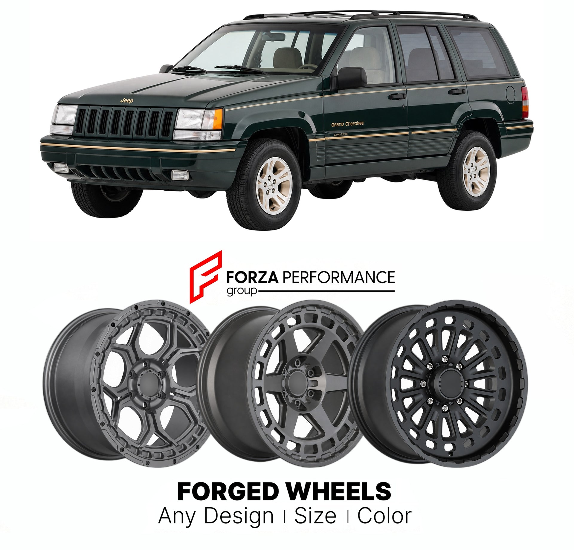 FORGED WHEELS RIMS for JEEP GRAND CHEROKEE LIMITED ZJ 1993 - 1998

Custom forged wheels for Jeep Grand Cherokee Limited ZJ 1993 - 1998. Made-to-order monoblock, 2-piece and 3-piece rims in custom sizes, offsets, colors and finishes with guaranteed fitment.

We manufacture premium quality forged wheels rims for Jeep Grand Cherokee Limited ZJ 1993 - 1998 in any design, size, color.

THIS WHEEL DESIGN CAN BE CUSTOM-MADE FOR YOUR CAR IN ANY SIZE AND COLOR OPTIONS
Available in monoblock, 2-piece, 3-piece, duoblo