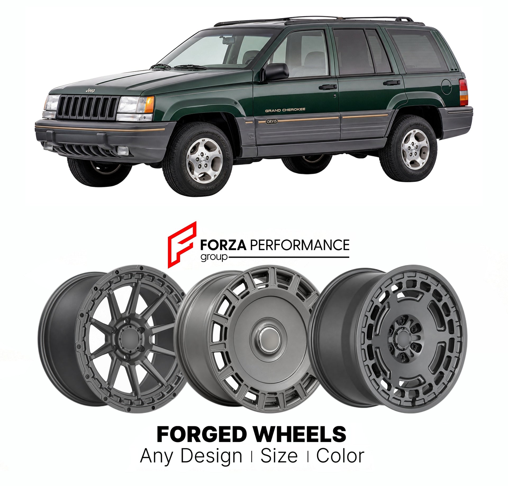 FORGED WHEELS RIMS for JEEP GRAND CHEROKEE ORVIS ZJ 1993 - 1998

Custom forged wheels for Jeep Grand Cherokee Orvis ZJ 1993 - 1998. Made-to-order monoblock, 2-piece and 3-piece rims in custom sizes, offsets, colors and finishes with guaranteed fitment.

We manufacture premium quality forged wheels rims for Jeep Grand Cherokee Orvis ZJ 1993 - 1998 in any design, size, color.

THIS WHEEL DESIGN CAN BE CUSTOM-MADE FOR YOUR CAR IN ANY SIZE AND COLOR OPTIONS
Available in monoblock, 2-piece, 3-piece, duoblock, be