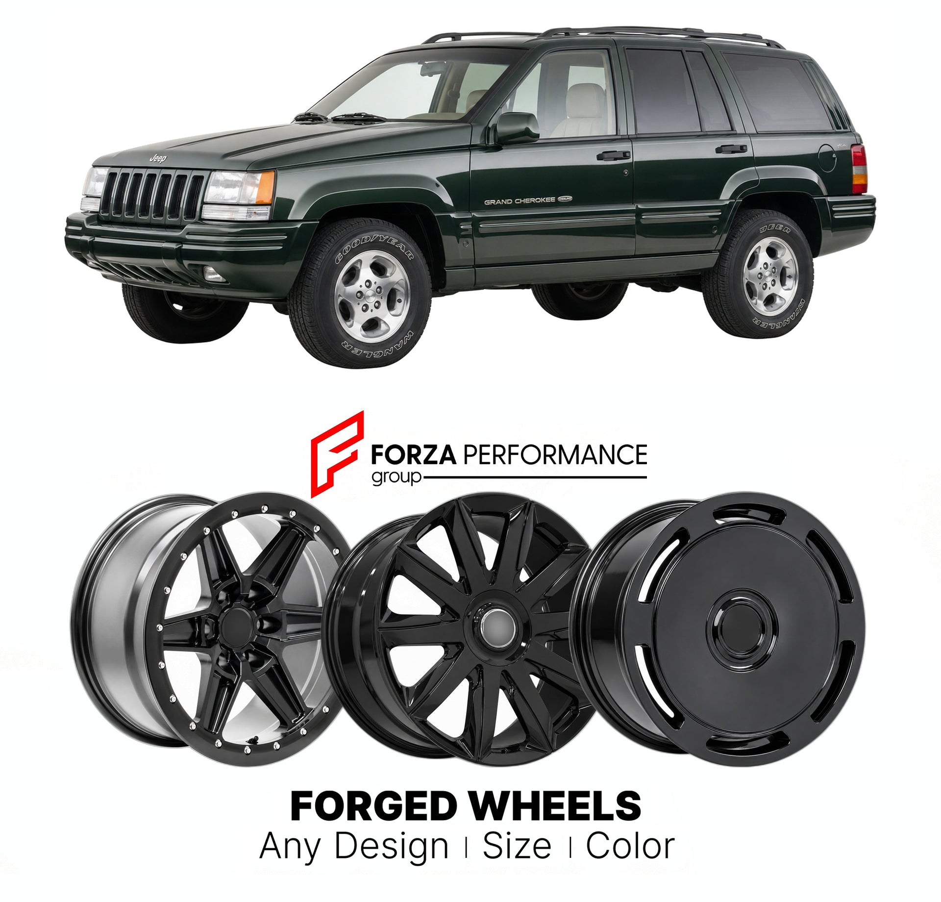 FORGED WHEELS RIMS for JEEP GRAND CHEROKEE OVERLAND WJ 1999 - 2004

Custom forged wheels for Jeep Grand Cherokee Overland WJ 1999 - 2004. Made-to-order monoblock, 2-piece and 3-piece rims in custom sizes, offsets, colors and finishes with guaranteed fitment.

We manufacture premium quality forged wheels rims for Jeep Grand Cherokee Overland WJ 1999 - 2004 in any design, size, color.

THIS WHEEL DESIGN CAN BE CUSTOM-MADE FOR YOUR CAR IN ANY SIZE AND COLOR OPTIONS
Available in monoblock, 2-piece, 3-piece, duo