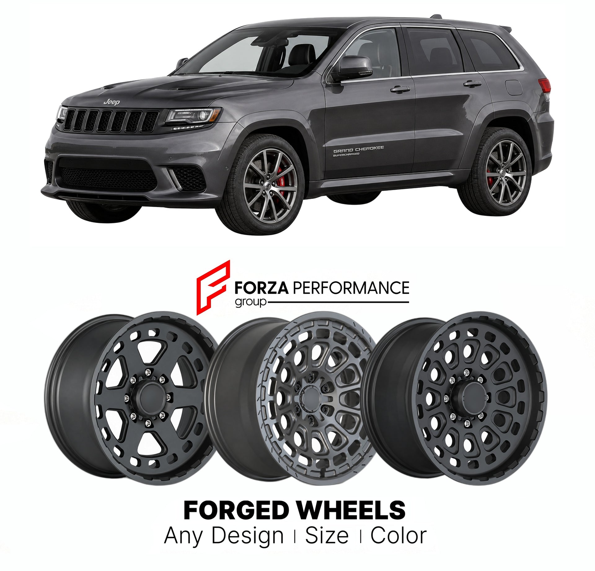 FORGED WHEELS RIMS for JEEP GRAND CHEROKEE TRACKHAWK WK2 2011 - 2021

Custom forged wheels for Jeep Grand Cherokee Trackhawk WK2 2011 - 2021. Made-to-order monoblock, 2-piece and 3-piece rims in custom sizes, offsets, colors and finishes with guaranteed fitment.

We manufacture premium quality forged wheels rims for Jeep Grand Cherokee Trackhawk WK2 2011 - 2021 in any design, size, color.

THIS WHEEL DESIGN CAN BE CUSTOM-MADE FOR YOUR CAR IN ANY SIZE AND COLOR OPTIONS
Available in monoblock, 2-piece, 3-piec