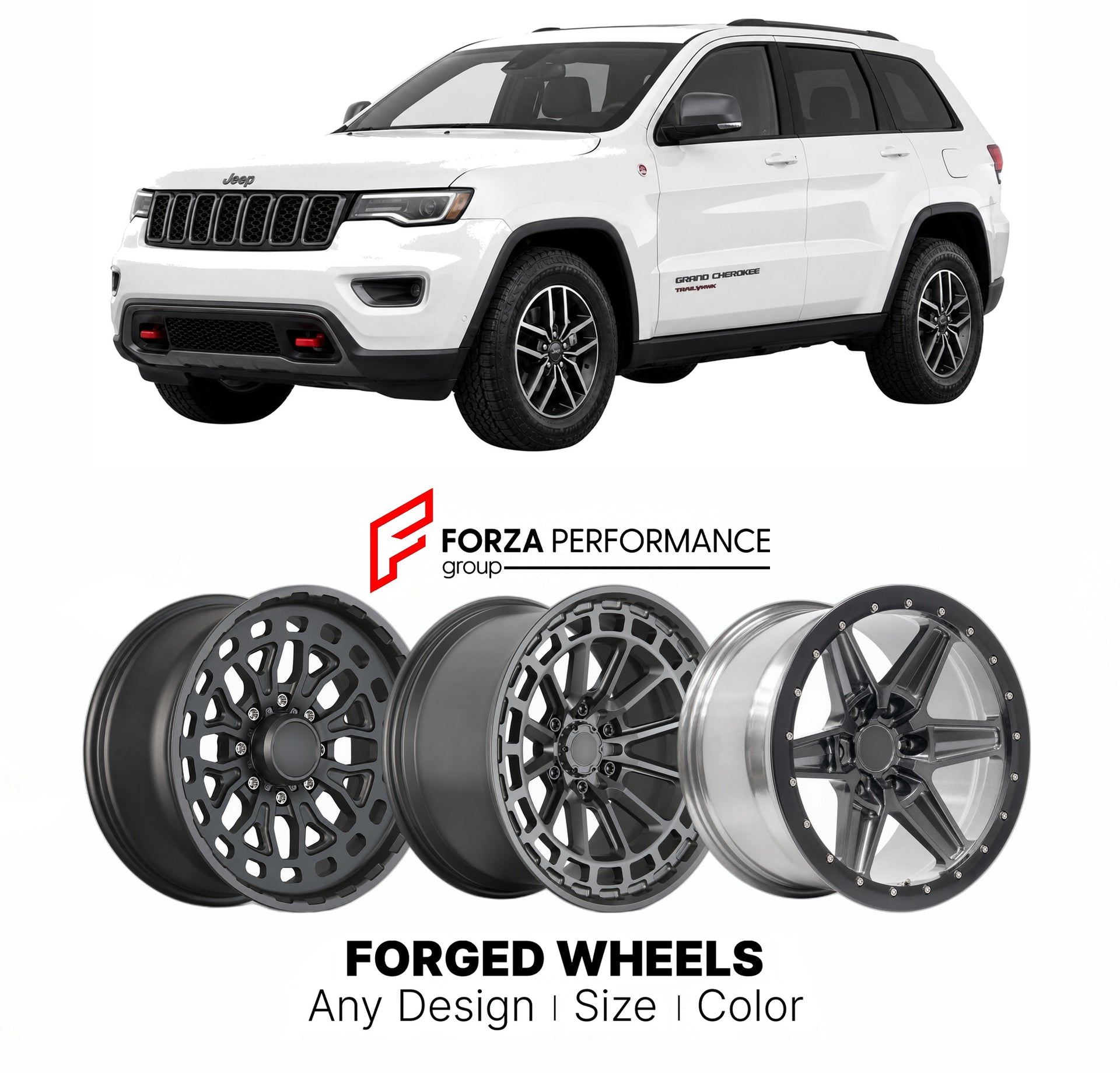 FORGED WHEELS RIMS for JEEP GRAND CHEROKEE TRAILHAWK WK2 2011 - 2021

Custom forged wheels for Jeep Grand Cherokee Trailhawk WK2 2011 - 2021. Made-to-order monoblock, 2-piece and 3-piece rims in custom sizes, offsets, colors and finishes with guaranteed fitment.

We manufacture premium quality forged wheels rims for Jeep Grand Cherokee Trailhawk WK2 2011 - 2021 in any design, size, color.

THIS WHEEL DESIGN CAN BE CUSTOM-MADE FOR YOUR CAR IN ANY SIZE AND COLOR OPTIONS
Available in monoblock, 2-piece, 3-piec