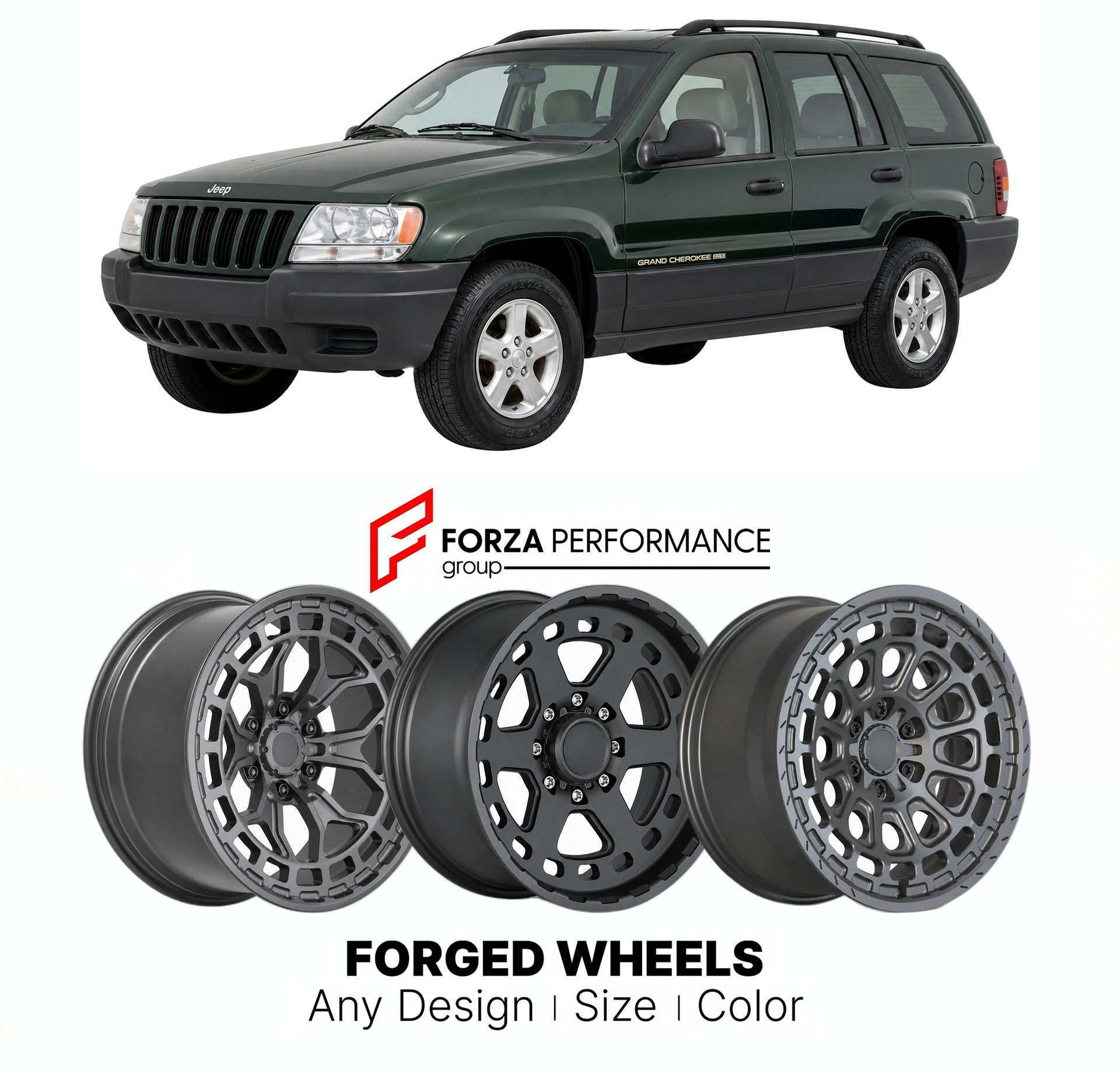 FORGED WHEELS RIMS for JEEP GRAND CHEROKEE WJ 1999 - 2004

Custom forged wheels for Jeep Grand Cherokee WJ 1999 - 2004. Made-to-order monoblock, 2-piece and 3-piece rims in custom sizes, offsets, colors and finishes with guaranteed fitment.

We manufacture premium quality forged wheels rims for Jeep Grand Cherokee WJ 1999 - 2004 in any design, size, color.

THIS WHEEL DESIGN CAN BE CUSTOM-MADE FOR YOUR CAR IN ANY SIZE AND COLOR OPTIONS
Available in monoblock, 2-piece, 3-piece, duoblock, beadlock
3D wheel re
