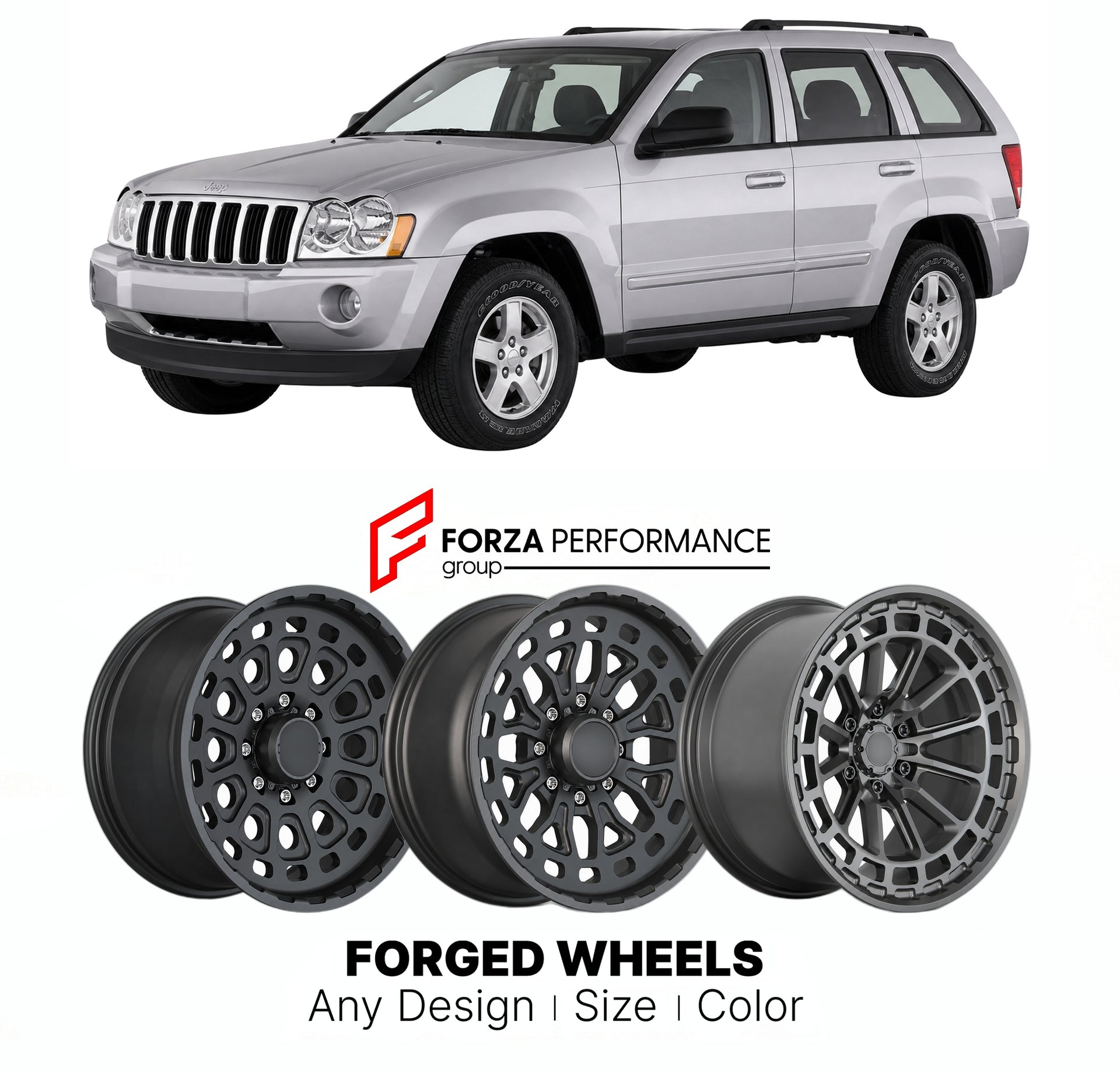 FORGED WHEELS RIMS for JEEP GRAND CHEROKEE WK 2005 - 2010

Custom forged wheels for Jeep Grand Cherokee WK 2005 - 2010. Made-to-order monoblock, 2-piece and 3-piece rims in custom sizes, offsets, colors and finishes with guaranteed fitment.

We manufacture premium quality forged wheels rims for Jeep Grand Cherokee WK 2005 - 2010 in any design, size, color.

THIS WHEEL DESIGN CAN BE CUSTOM-MADE FOR YOUR CAR IN ANY SIZE AND COLOR OPTIONS
Available in monoblock, 2-piece, 3-piece, duoblock, beadlock
3D wheel re