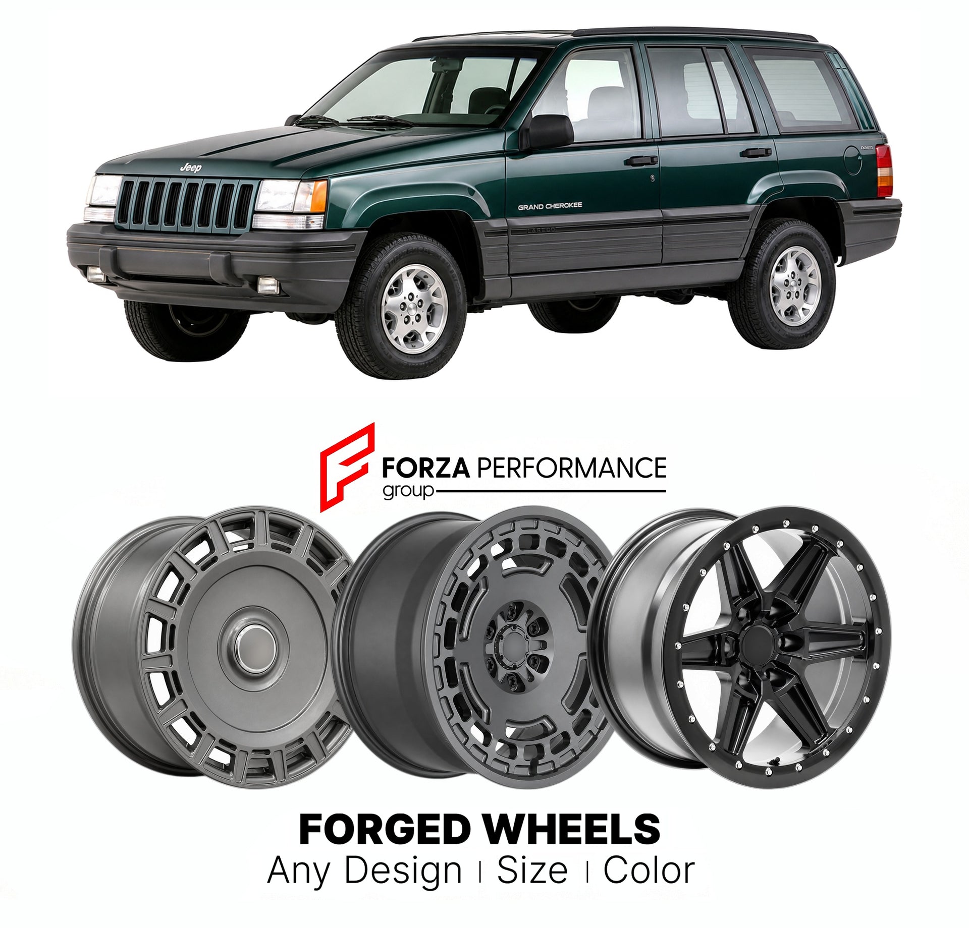 FORGED WHEELS RIMS for JEEP GRAND CHEROKEE ZJ 1993 - 1998

Custom forged wheels for Jeep Grand Cherokee ZJ 1993 - 1998. Made-to-order monoblock, 2-piece and 3-piece rims in custom sizes, offsets, colors and finishes with guaranteed fitment.

We manufacture premium quality forged wheels rims for Jeep Grand Cherokee ZJ 1993 - 1998 in any design, size, color.

THIS WHEEL DESIGN CAN BE CUSTOM-MADE FOR YOUR CAR IN ANY SIZE AND COLOR OPTIONS
Available in monoblock, 2-piece, 3-piece, duoblock, beadlock
3D wheel re