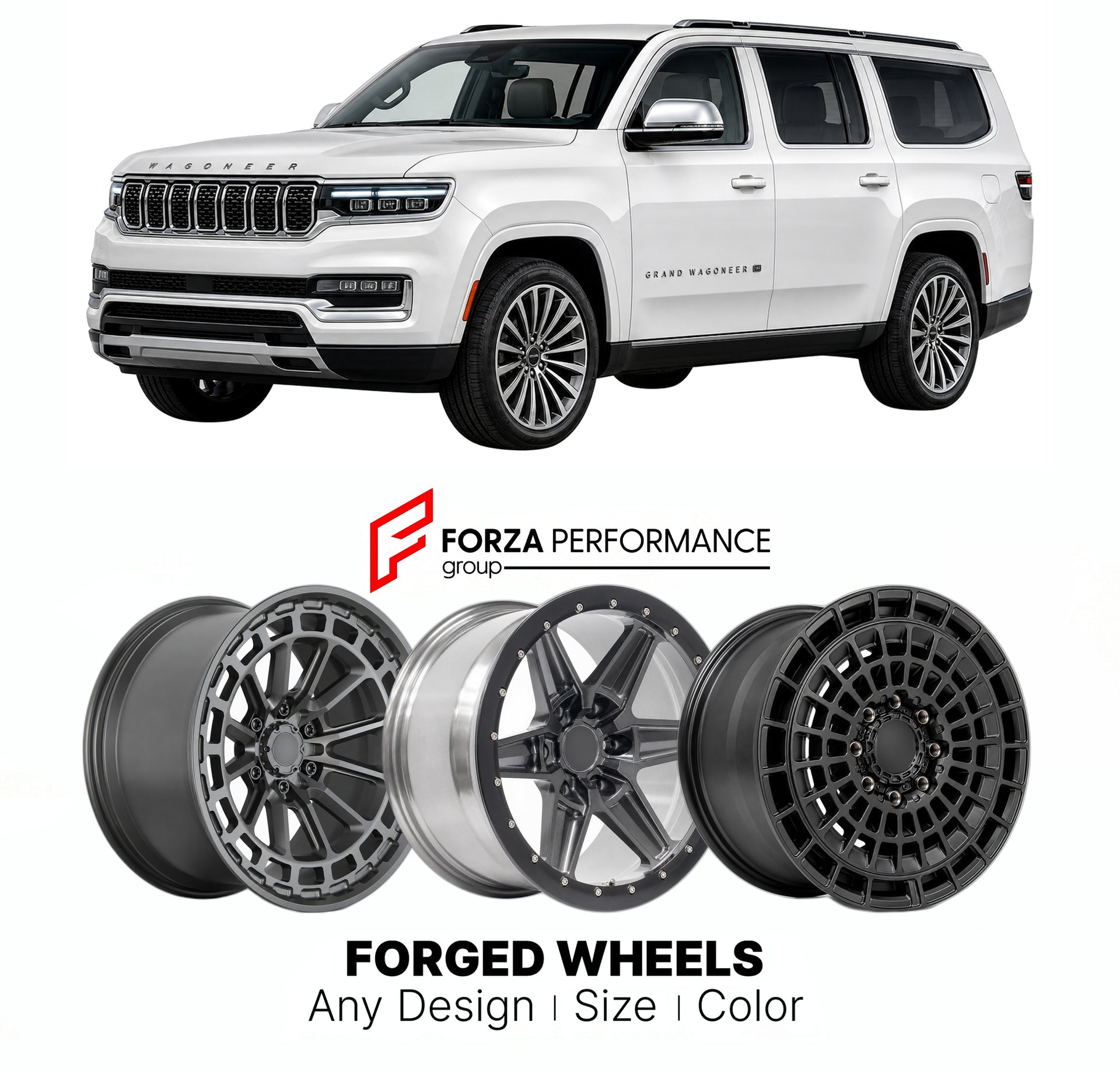 FORGED WHEELS RIMS for JEEP GRAND WAGONEER SERIES III WS 2022+

Custom forged wheels for Jeep Grand Wagoneer Series III WS 2022+. Made-to-order monoblock, 2-piece and 3-piece rims in custom sizes, offsets, colors and finishes with guaranteed fitment.

We manufacture premium quality forged wheels rims for Jeep Grand Wagoneer Series III WS 2022+ in any design, size, color.

THIS WHEEL DESIGN CAN BE CUSTOM-MADE FOR YOUR CAR IN ANY SIZE AND COLOR OPTIONS
Available in monoblock, 2-piece, 3-piece, duoblock, beadl