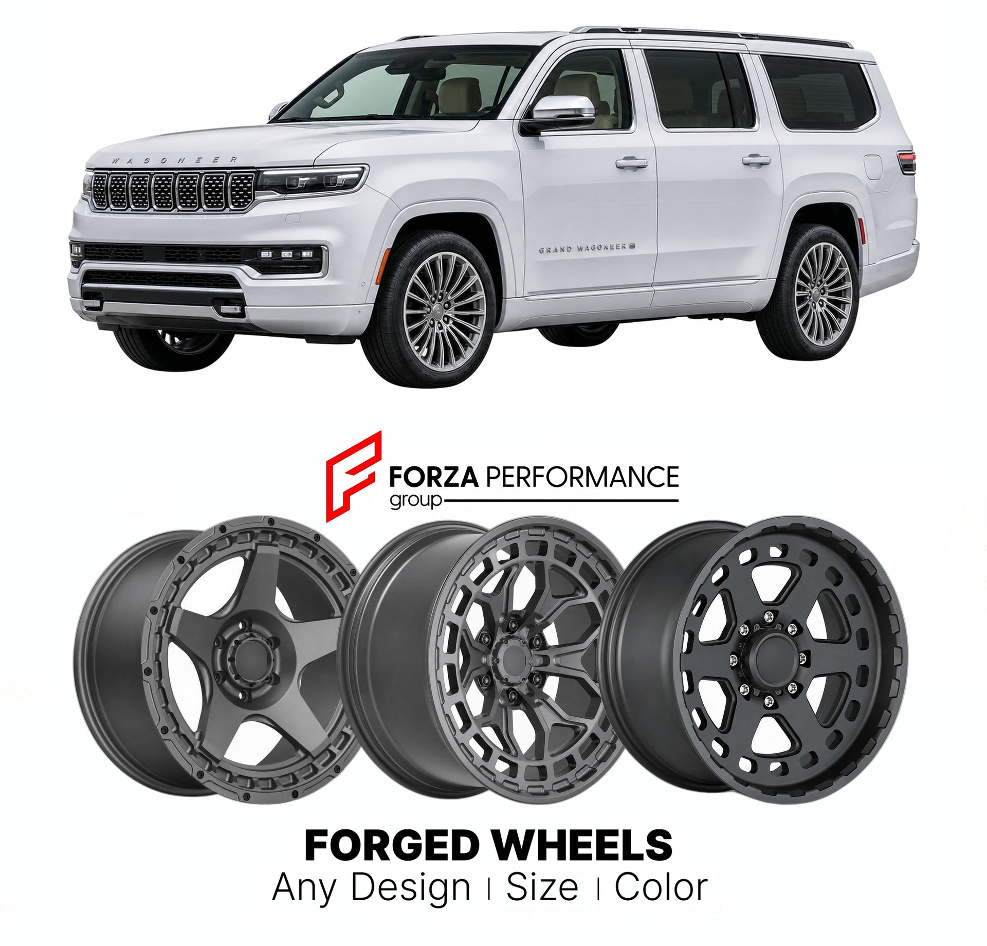 FORGED WHEELS RIMS for JEEP GRAND WAGONEER SERIES I WS 2022+

Custom forged wheels for Jeep Grand Wagoneer Series I WS 2022+. Made-to-order monoblock, 2-piece and 3-piece rims in custom sizes, offsets, colors and finishes with guaranteed fitment.

We manufacture premium quality forged wheels rims for Jeep Grand Wagoneer Series I WS 2022+ in any design, size, color.

THIS WHEEL DESIGN CAN BE CUSTOM-MADE FOR YOUR CAR IN ANY SIZE AND COLOR OPTIONS
Available in monoblock, 2-piece, 3-piece, duoblock, beadlock
3D