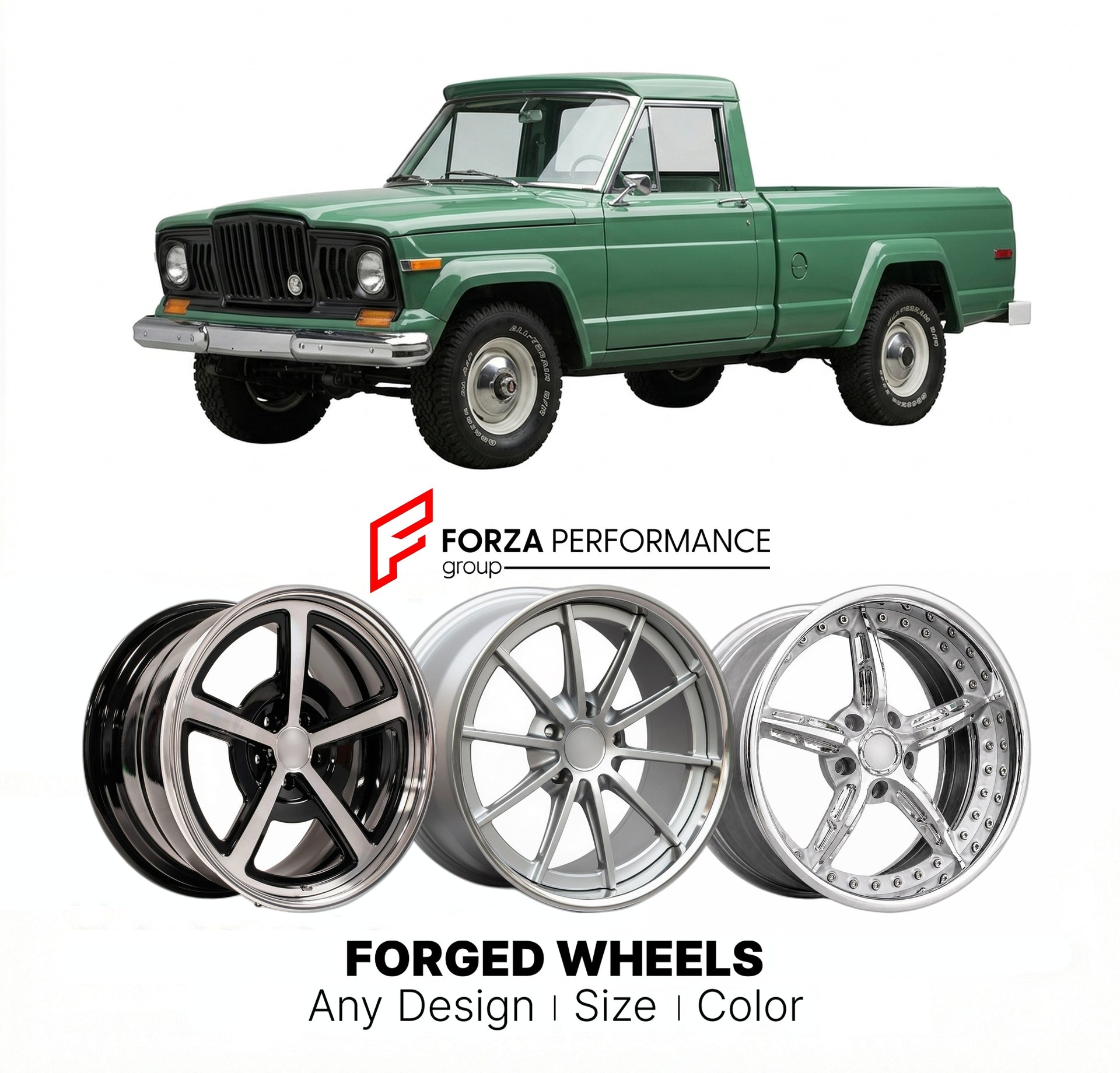 CUSTOM CLASSIC VINTAGE RESTOMOD RETRO OLD SCHOOL FORGED WHEELS RIMS for JEEP J-10 1972 - 1988
Custom forged wheels for classic American muscle cars. Ideal for restomod builds, vintage restorations, and show cars. Deep dish and retro styling available.

We manufacture premium quality forged wheels rims for Jeep J-10 1972 - 1988 in any design, size, color.

THIS WHEEL DESIGN CAN BE CUSTOM-MADE FOR YOUR CAR IN ANY SIZE AND COLOR OPTIONS
Available in monoblock, 2-piece, 3-piece, duoblock, beadlock
3D wheel rend