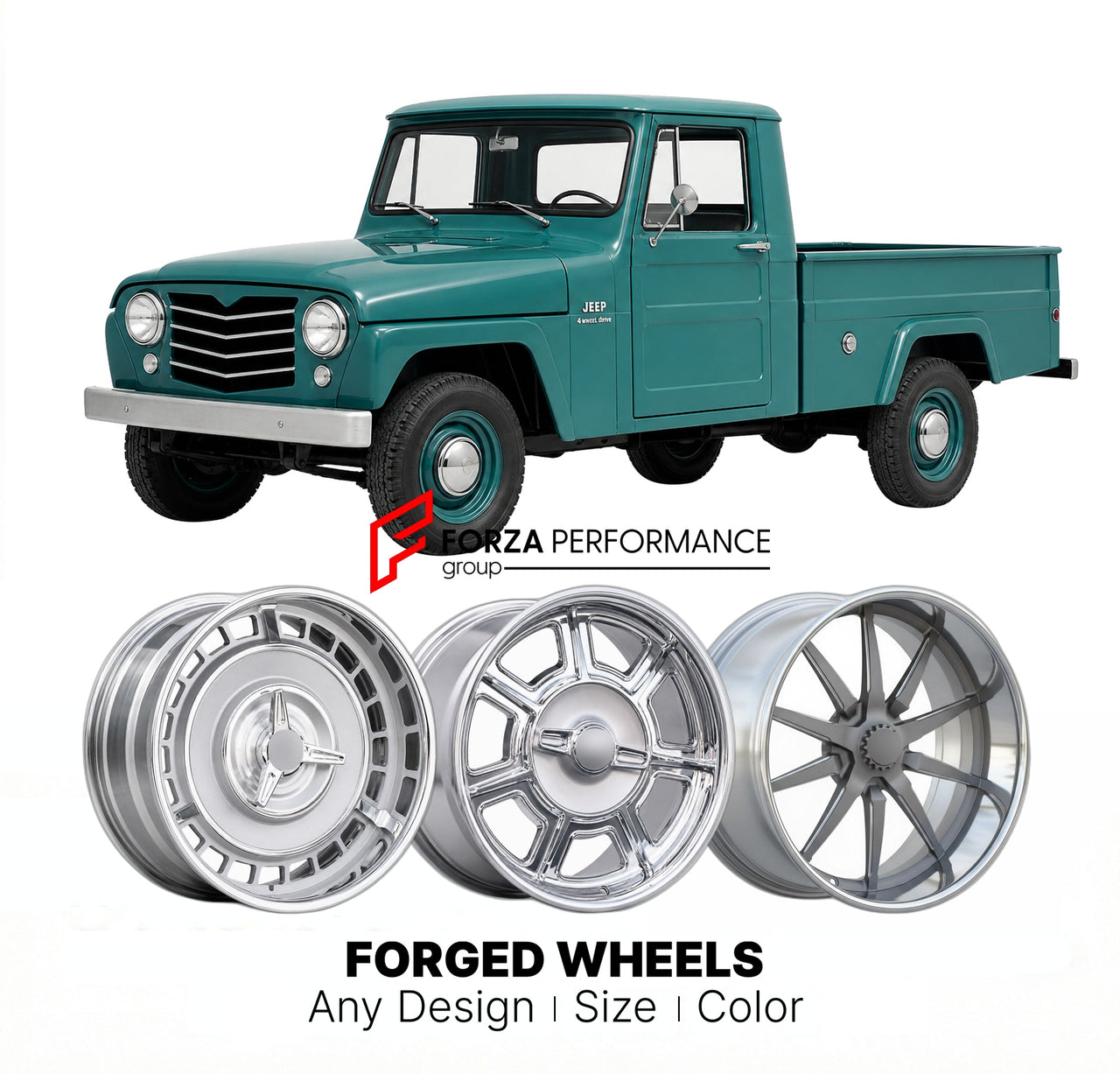 CUSTOM CLASSIC VINTAGE RESTOMOD RETRO OLD SCHOOL FORGED WHEELS RIMS for JEEP JEEP TRUCK 1959 - 1965
Custom forged wheels for classic American muscle cars. Ideal for restomod builds, vintage restorations, and show cars. Deep dish and retro styling available.

We manufacture premium quality forged wheels rims for Jeep Jeep Truck 1959 - 1965 in any design, size, color.

THIS WHEEL DESIGN CAN BE CUSTOM-MADE FOR YOUR CAR IN ANY SIZE AND COLOR OPTIONS
Available in monoblock, 2-piece, 3-piece, duoblock, beadlock
3