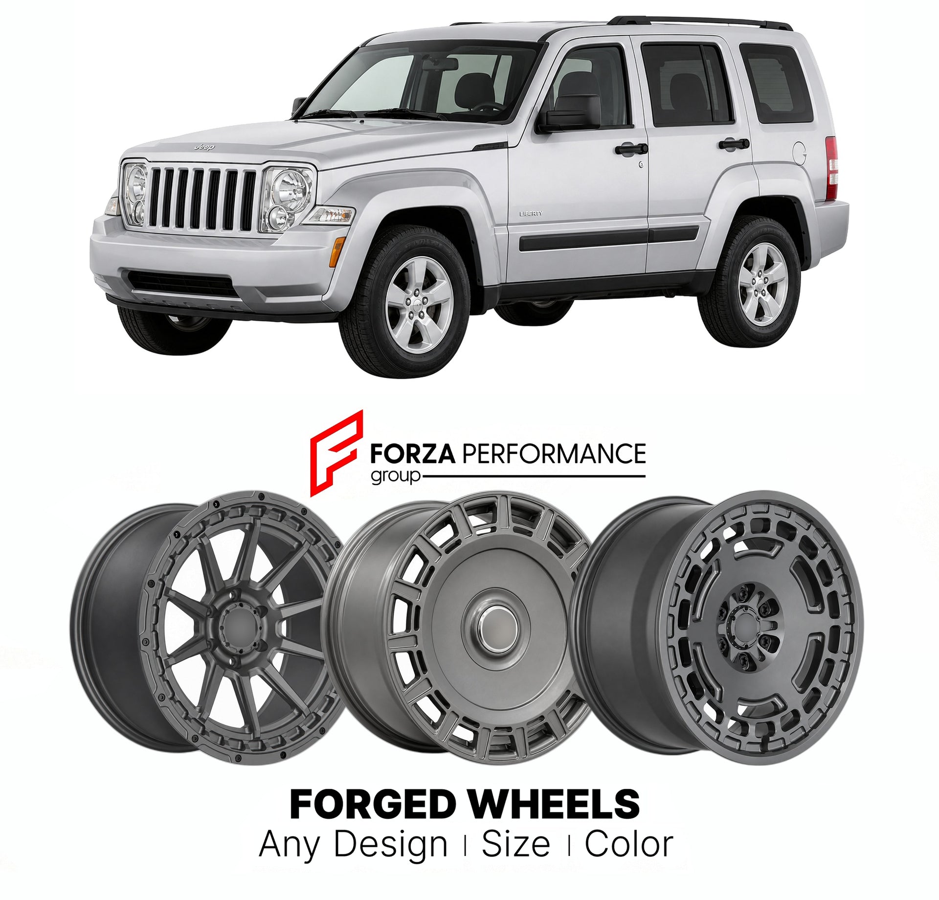 FORGED WHEELS RIMS for JEEP LIBERTY KK 2008 - 2012

Custom forged wheels for Jeep Liberty KK 2008 - 2012. Made-to-order monoblock, 2-piece and 3-piece rims in custom sizes, offsets, colors and finishes with guaranteed fitment.

We manufacture premium quality forged wheels rims for Jeep Liberty KK 2008 - 2012 in any design, size, color.

THIS WHEEL DESIGN CAN BE CUSTOM-MADE FOR YOUR CAR IN ANY SIZE AND COLOR OPTIONS
Available in monoblock, 2-piece, 3-piece, duoblock, beadlock
3D wheel renderings are provided
