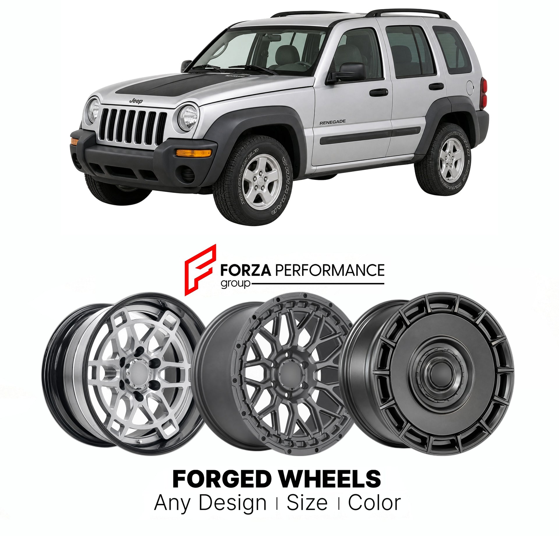 FORGED WHEELS RIMS for JEEP LIBERTY RENEGADE KJ KK 2002 - 2012

Custom forged wheels for Jeep Liberty Renegade KJ KK 2002 - 2012. Made-to-order monoblock, 2-piece and 3-piece rims in custom sizes, offsets, colors and finishes with guaranteed fitment.

We manufacture premium quality forged wheels rims for Jeep Liberty Renegade KJ KK 2002 - 2012 in any design, size, color.

THIS WHEEL DESIGN CAN BE CUSTOM-MADE FOR YOUR CAR IN ANY SIZE AND COLOR OPTIONS
Available in monoblock, 2-piece, 3-piece, duoblock, beadl