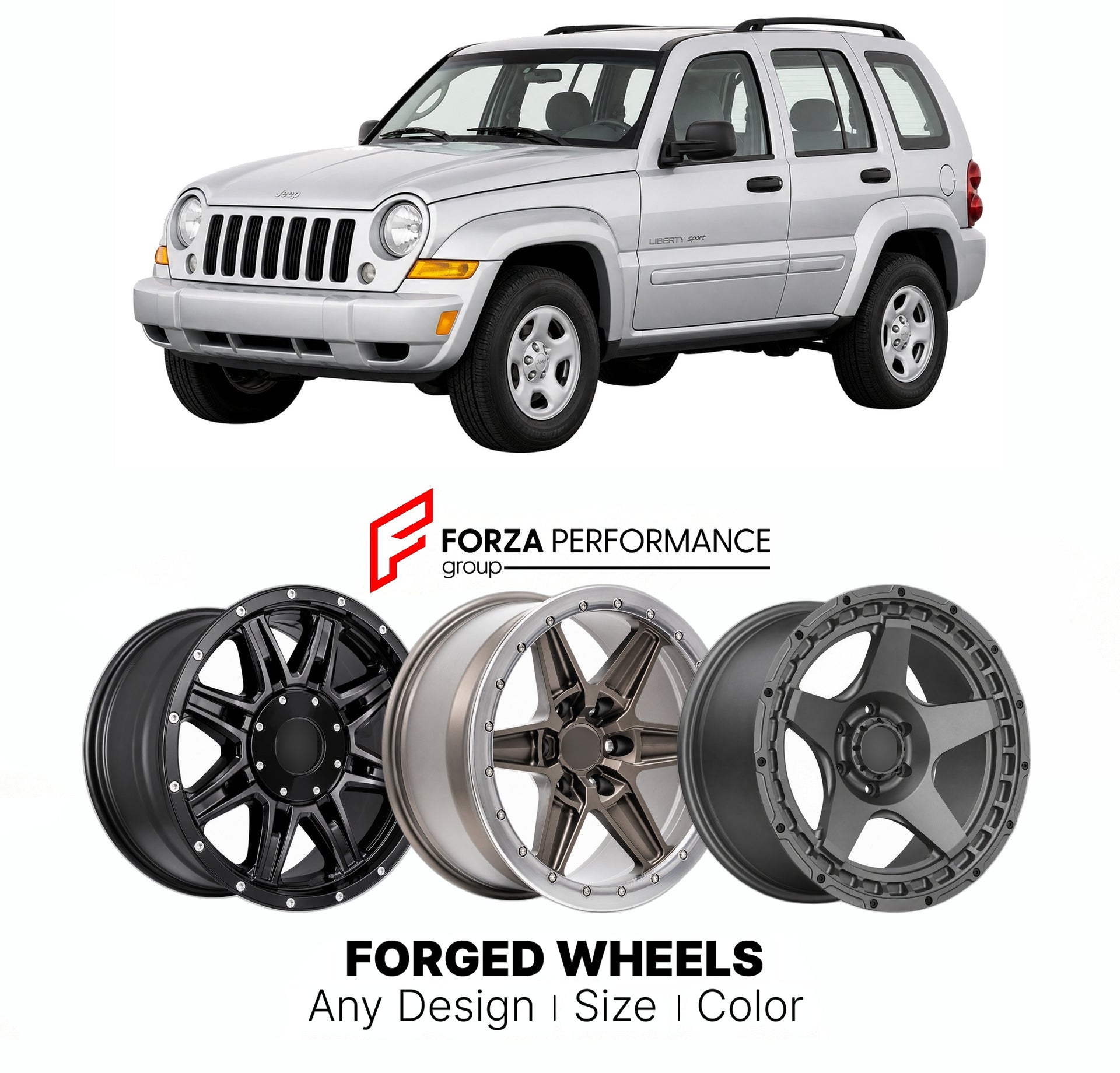 FORGED WHEELS RIMS for JEEP LIBERTY SPORT KJ KK 2002 - 2012

Custom forged wheels for Jeep Liberty Sport KJ KK 2002 - 2012. Made-to-order monoblock, 2-piece and 3-piece rims in custom sizes, offsets, colors and finishes with guaranteed fitment.

We manufacture premium quality forged wheels rims for Jeep Liberty Sport KJ KK 2002 - 2012 in any design, size, color.

THIS WHEEL DESIGN CAN BE CUSTOM-MADE FOR YOUR CAR IN ANY SIZE AND COLOR OPTIONS
Available in monoblock, 2-piece, 3-piece, duoblock, beadlock
3D wh