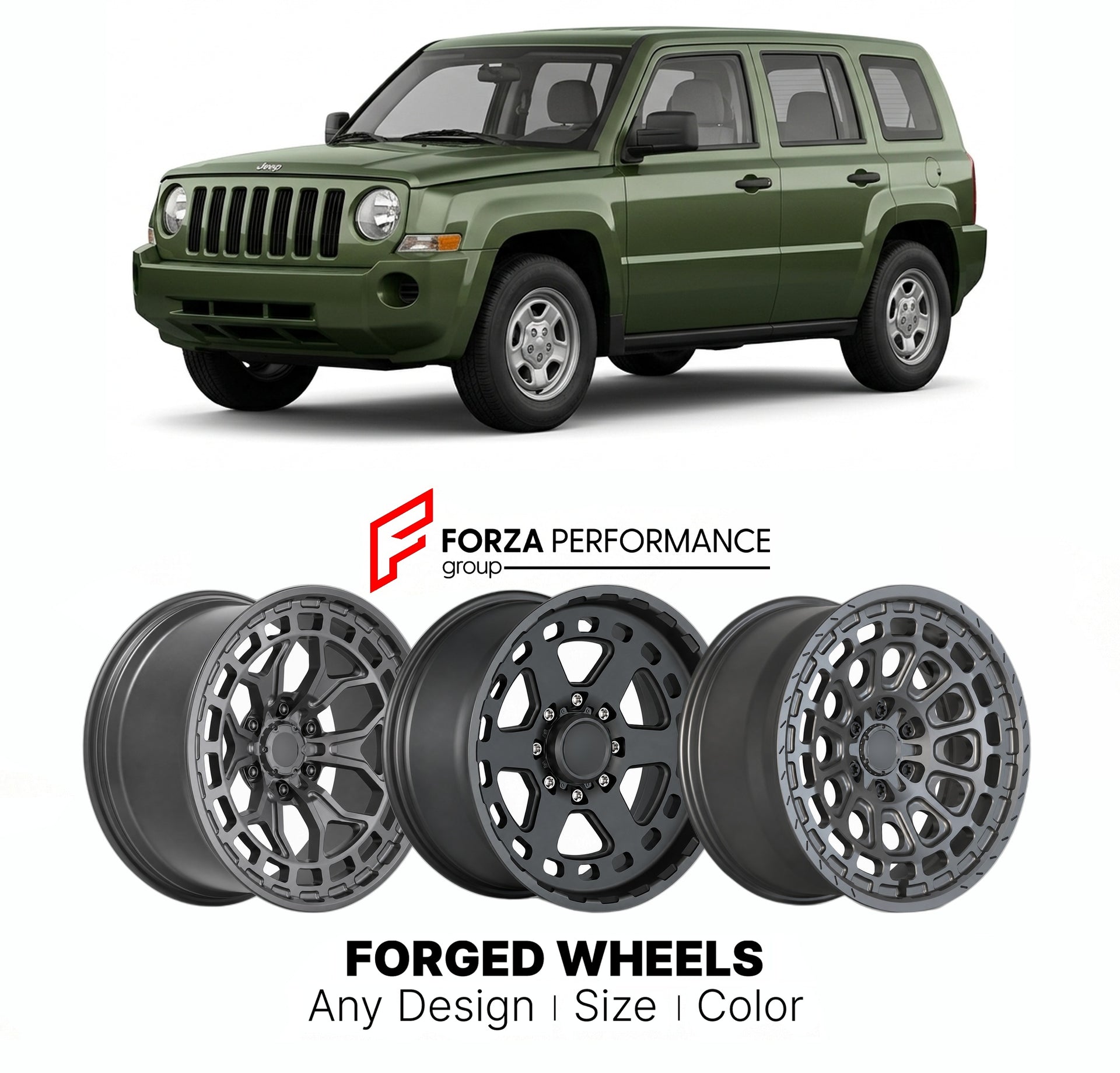 FORGED WHEELS RIMS for JEEP PATRIOT 2007 - 2017

Custom forged wheels for Jeep Patriot 2007 - 2017. Made-to-order monoblock, 2-piece and 3-piece rims in custom sizes, offsets, colors and finishes with guaranteed fitment.

We manufacture premium quality forged wheels rims for Jeep Patriot 2007 - 2017 in any design, size, color.

THIS WHEEL DESIGN CAN BE CUSTOM-MADE FOR YOUR CAR IN ANY SIZE AND COLOR OPTIONS
Available in monoblock, 2-piece, 3-piece, duoblock, beadlock
3D wheel renderings are provided accordin