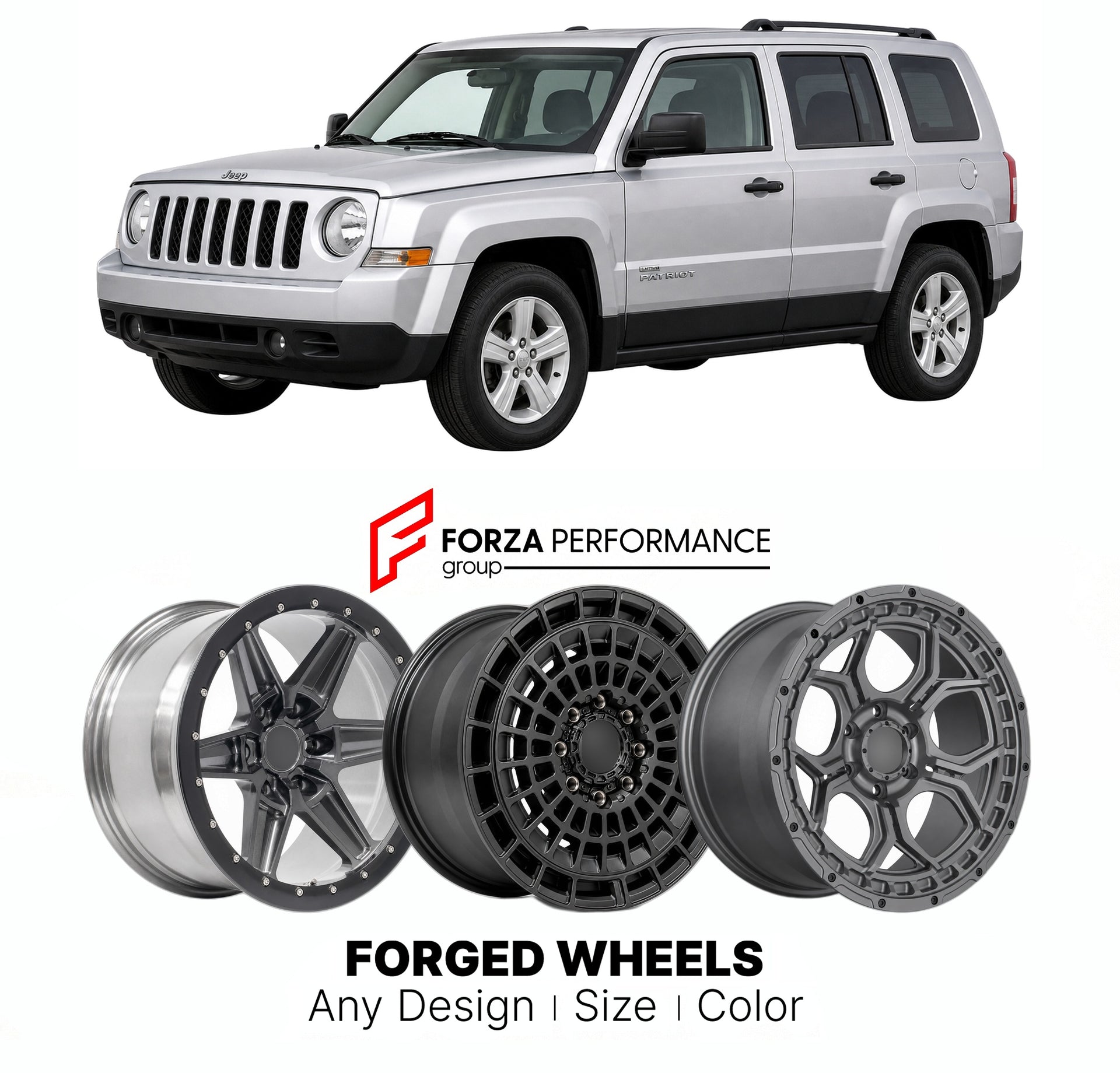 FORGED WHEELS RIMS for JEEP PATRIOT LATITUDE MK 2007 - 2017

Custom forged wheels for Jeep Patriot Latitude MK 2007 - 2017. Made-to-order monoblock, 2-piece and 3-piece rims in custom sizes, offsets, colors and finishes with guaranteed fitment.

We manufacture premium quality forged wheels rims for Jeep Patriot Latitude MK 2007 - 2017 in any design, size, color.

THIS WHEEL DESIGN CAN BE CUSTOM-MADE FOR YOUR CAR IN ANY SIZE AND COLOR OPTIONS
Available in monoblock, 2-piece, 3-piece, duoblock, beadlock
3D wh