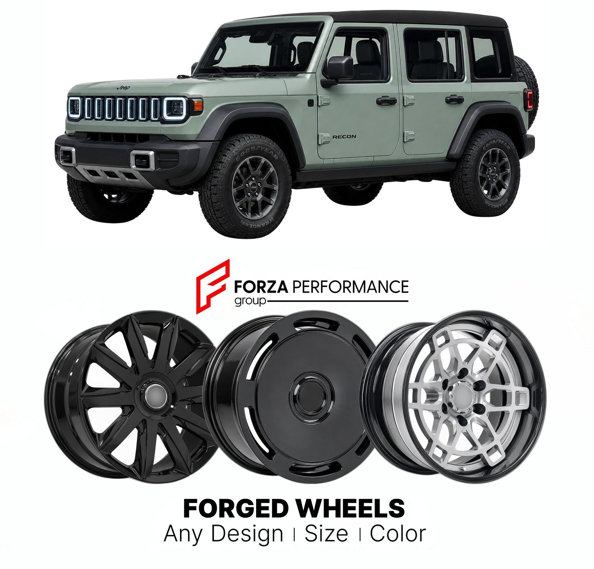 FORGED WHEELS RIMS for JEEP RECON 2024 - 2026

Custom forged wheels for Jeep Recon 2024 - 2026. Made-to-order monoblock, 2-piece and 3-piece rims in custom sizes, offsets, colors and finishes with guaranteed fitment.

We manufacture premium quality forged wheels rims for Jeep Recon 2024 - 2026 in any design, size, color.

THIS WHEEL DESIGN CAN BE CUSTOM-MADE FOR YOUR CAR IN ANY SIZE AND COLOR OPTIONS
Available in monoblock, 2-piece, 3-piece, duoblock, beadlock
3D wheel renderings are provided according to t