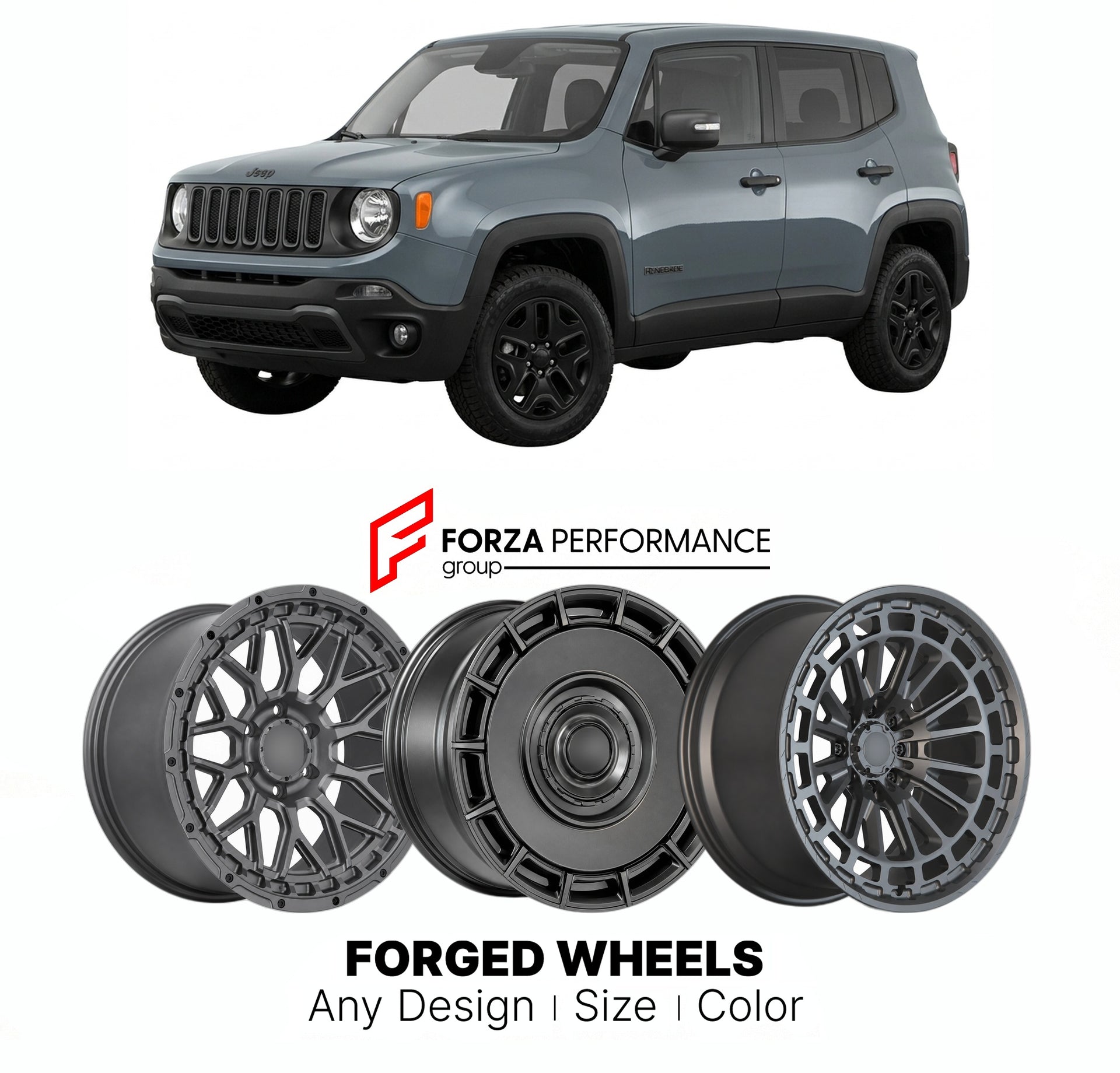 FORGED WHEELS RIMS for JEEP RENEGADE 2015 - 2023

Custom forged wheels for Jeep Renegade 2015 - 2023. Made-to-order monoblock, 2-piece and 3-piece rims in custom sizes, offsets, colors and finishes with guaranteed fitment.

We manufacture premium quality forged wheels rims for Jeep Renegade 2015 - 2023 in any design, size, color.

THIS WHEEL DESIGN CAN BE CUSTOM-MADE FOR YOUR CAR IN ANY SIZE AND COLOR OPTIONS
Available in monoblock, 2-piece, 3-piece, duoblock, beadlock
3D wheel renderings are provided accor