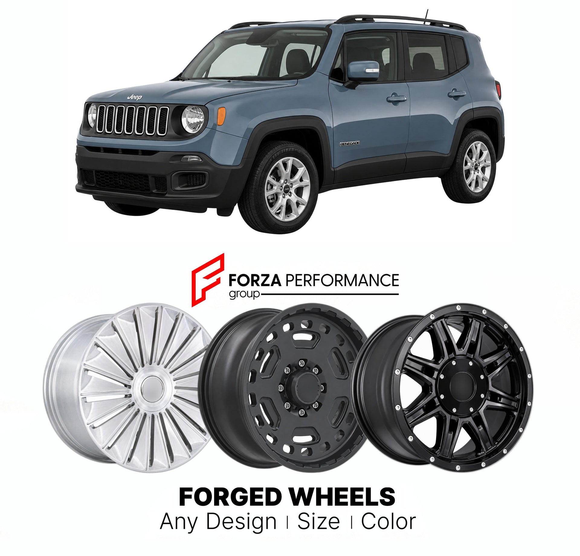 FORGED WHEELS RIMS for JEEP RENEGADE LATITUDE BU 2015 - 2023

Custom forged wheels for Jeep Renegade Latitude BU 2015 - 2023. Made-to-order monoblock, 2-piece and 3-piece rims in custom sizes, offsets, colors and finishes with guaranteed fitment.

We manufacture premium quality forged wheels rims for Jeep Renegade Latitude BU 2015 - 2023 in any design, size, color.

THIS WHEEL DESIGN CAN BE CUSTOM-MADE FOR YOUR CAR IN ANY SIZE AND COLOR OPTIONS
Available in monoblock, 2-piece, 3-piece, duoblock, beadlock
3D