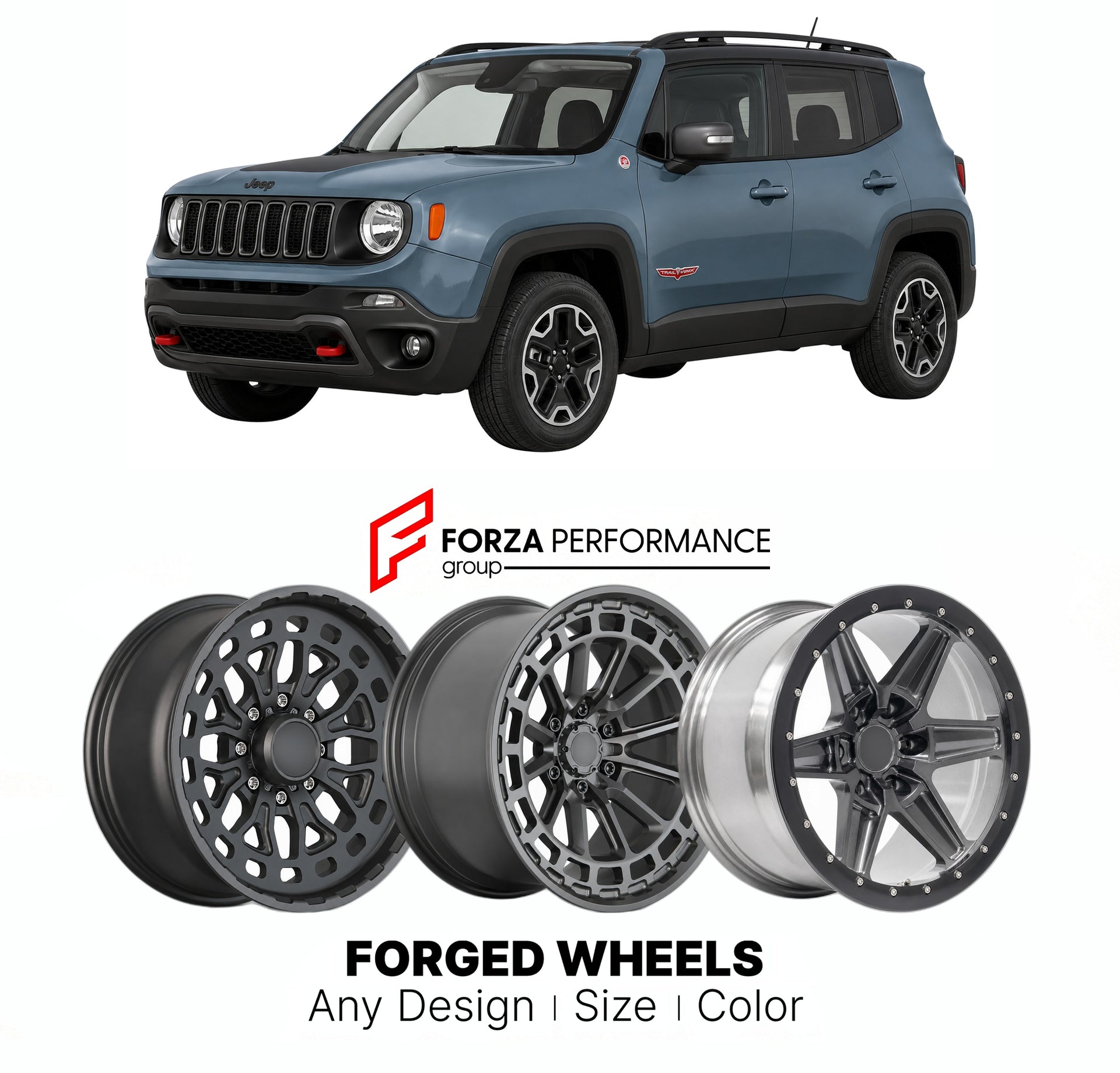 FORGED WHEELS RIMS for JEEP RENEGADE TRAILHAWK BU 2015 - 2023

Custom forged wheels for Jeep Renegade Trailhawk BU 2015 - 2023. Made-to-order monoblock, 2-piece and 3-piece rims in custom sizes, offsets, colors and finishes with guaranteed fitment.

We manufacture premium quality forged wheels rims for Jeep Renegade Trailhawk BU 2015 - 2023 in any design, size, color.

THIS WHEEL DESIGN CAN BE CUSTOM-MADE FOR YOUR CAR IN ANY SIZE AND COLOR OPTIONS
Available in monoblock, 2-piece, 3-piece, duoblock, beadlock