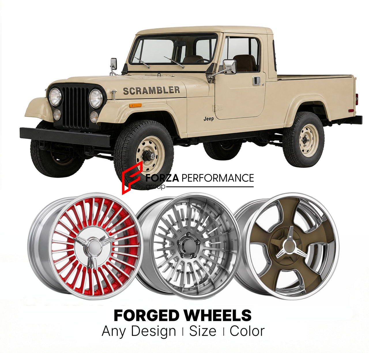 CUSTOM CLASSIC VINTAGE RESTOMOD RETRO OLD SCHOOL FORGED WHEELS RIMS for JEEP SCRAMBLER (CJ-8) 1981 - 1986
Custom forged wheels for classic American muscle cars. Ideal for restomod builds, vintage restorations, and show cars. Deep dish and retro styling available.

We manufacture premium quality forged wheels rims for Jeep Scrambler (CJ-8) 1981 - 1986 in any design, size, color.

THIS WHEEL DESIGN CAN BE CUSTOM-MADE FOR YOUR CAR IN ANY SIZE AND COLOR OPTIONS
Available in monoblock, 2-piece, 3-piece, duoblock