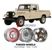 CUSTOM CLASSIC VINTAGE RESTOMOD RETRO OLD SCHOOL FORGED WHEELS RIMS for JEEP SCRAMBLER (CJ-8) 1981 - 1986
Custom forged wheels for classic American muscle cars. Ideal for restomod builds, vintage restorations, and show cars. Deep dish and retro styling available.

We manufacture premium quality forged wheels rims for Jeep Scrambler (CJ-8) 1981 - 1986 in any design, size, color.

THIS WHEEL DESIGN CAN BE CUSTOM-MADE FOR YOUR CAR IN ANY SIZE AND COLOR OPTIONS
Available in monoblock, 2-piece, 3-piece, duoblock
