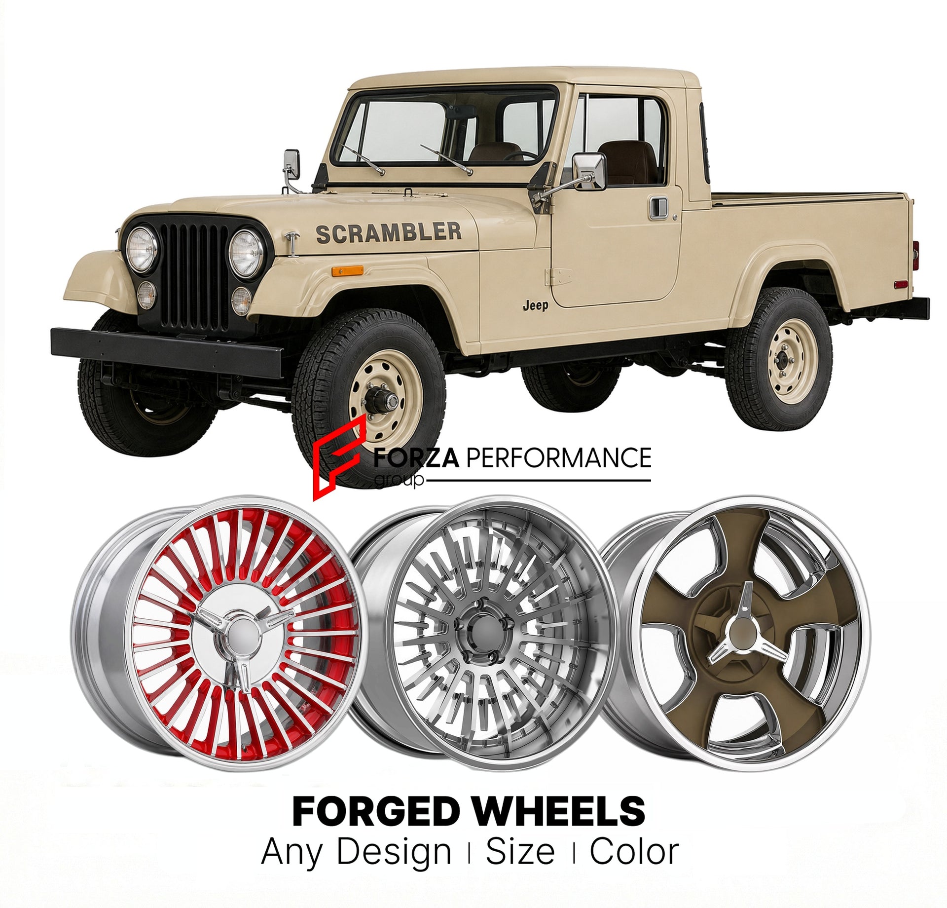 CUSTOM CLASSIC VINTAGE RESTOMOD RETRO OLD SCHOOL FORGED WHEELS RIMS for JEEP SCRAMBLER (CJ-8) 1981 - 1986
Custom forged wheels for classic American muscle cars. Ideal for restomod builds, vintage restorations, and show cars. Deep dish and retro styling available.

We manufacture premium quality forged wheels rims for Jeep Scrambler (CJ-8) 1981 - 1986 in any design, size, color.

THIS WHEEL DESIGN CAN BE CUSTOM-MADE FOR YOUR CAR IN ANY SIZE AND COLOR OPTIONS
Available in monoblock, 2-piece, 3-piece, duoblock
