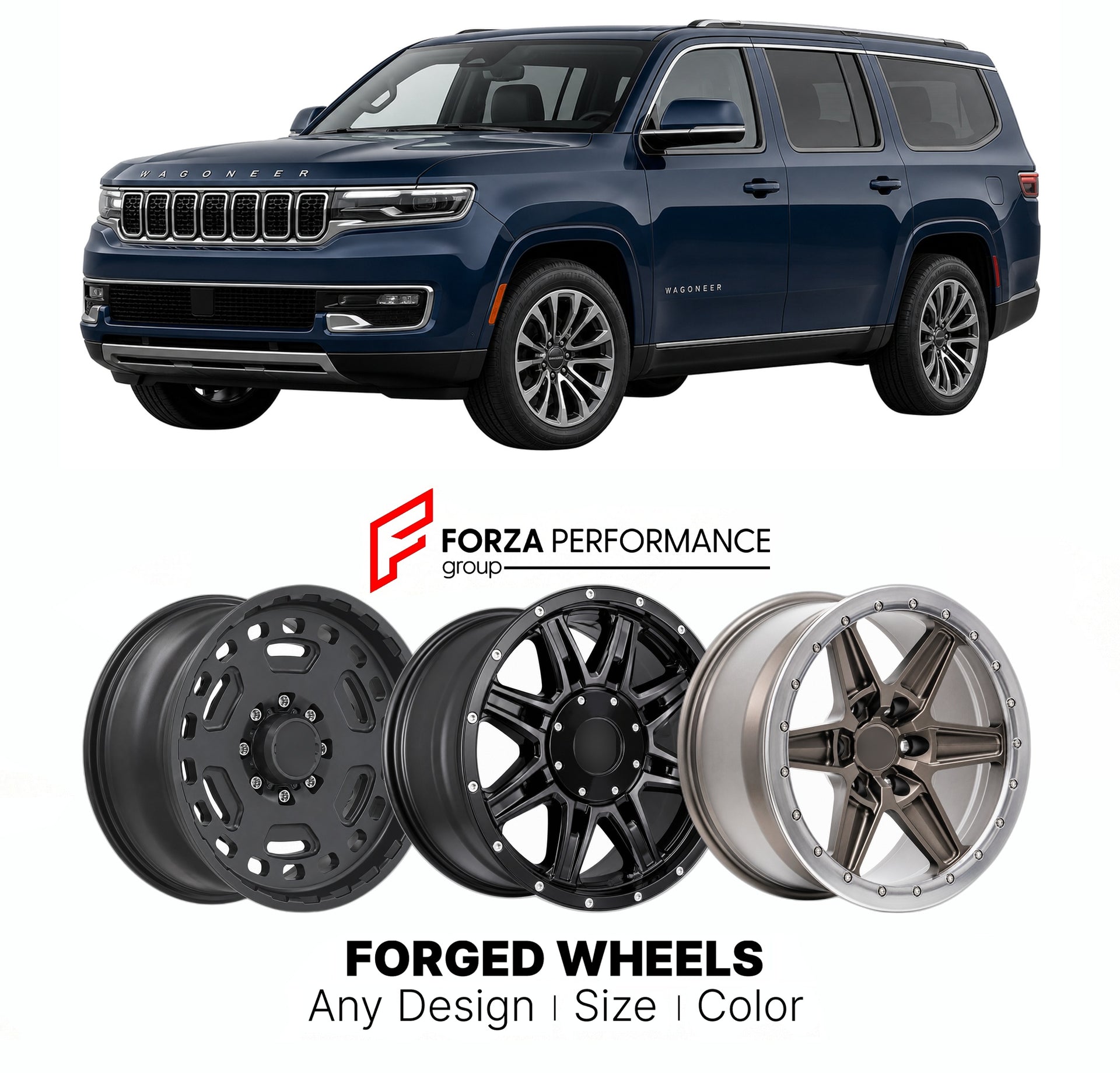 FORGED WHEELS RIMS for JEEP WAGONEER SERIES I WS 2022+

Custom forged wheels for Jeep Wagoneer Series I WS 2022+. Made-to-order monoblock, 2-piece and 3-piece rims in custom sizes, offsets, colors and finishes with guaranteed fitment.

We manufacture premium quality forged wheels rims for Jeep Wagoneer Series I WS 2022+ in any design, size, color.

THIS WHEEL DESIGN CAN BE CUSTOM-MADE FOR YOUR CAR IN ANY SIZE AND COLOR OPTIONS
Available in monoblock, 2-piece, 3-piece, duoblock, beadlock
3D wheel renderings 