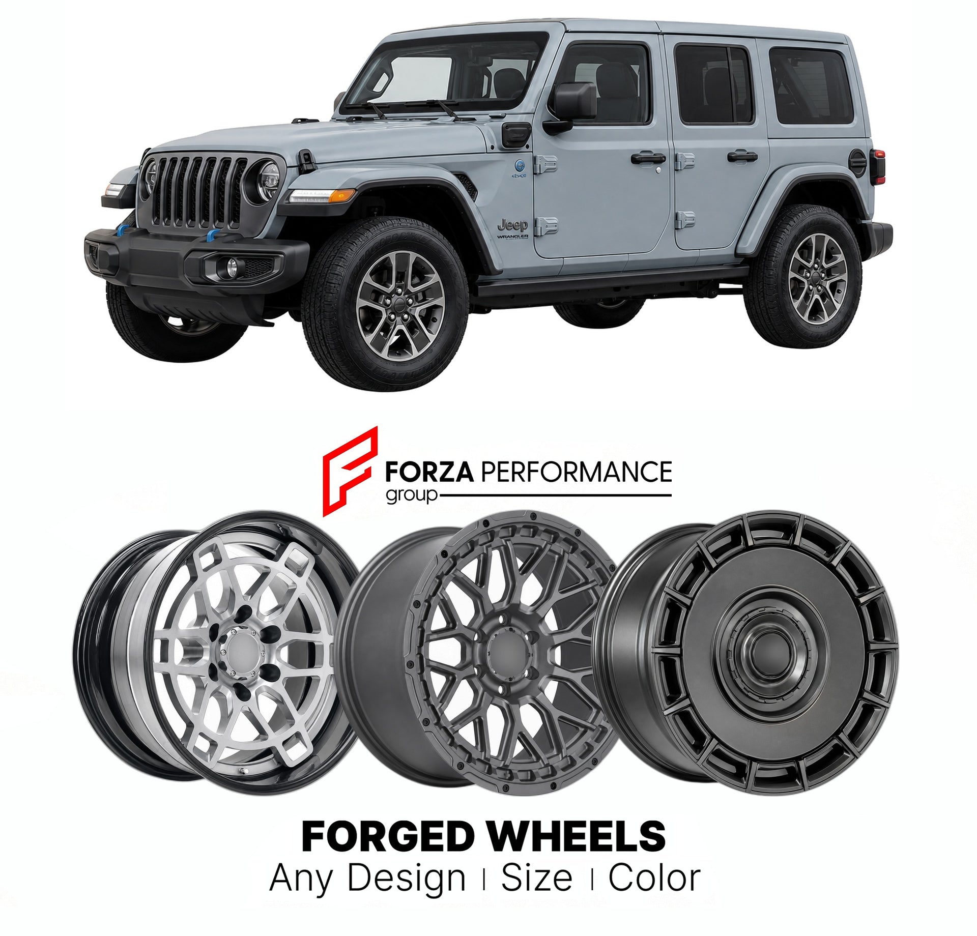 FORGED WHEELS RIMS for JEEP WRANGLER 4XE JL 2018+

Custom forged wheels for Jeep Wrangler 4xe JL 2018+. Made-to-order monoblock, 2-piece and 3-piece rims in custom sizes, offsets, colors and finishes with guaranteed fitment.

We manufacture premium quality forged wheels rims for Jeep Wrangler 4xe JL 2018+ in any design, size, color.

THIS WHEEL DESIGN CAN BE CUSTOM-MADE FOR YOUR CAR IN ANY SIZE AND COLOR OPTIONS
Available in monoblock, 2-piece, 3-piece, duoblock, beadlock
3D wheel renderings are provided ac