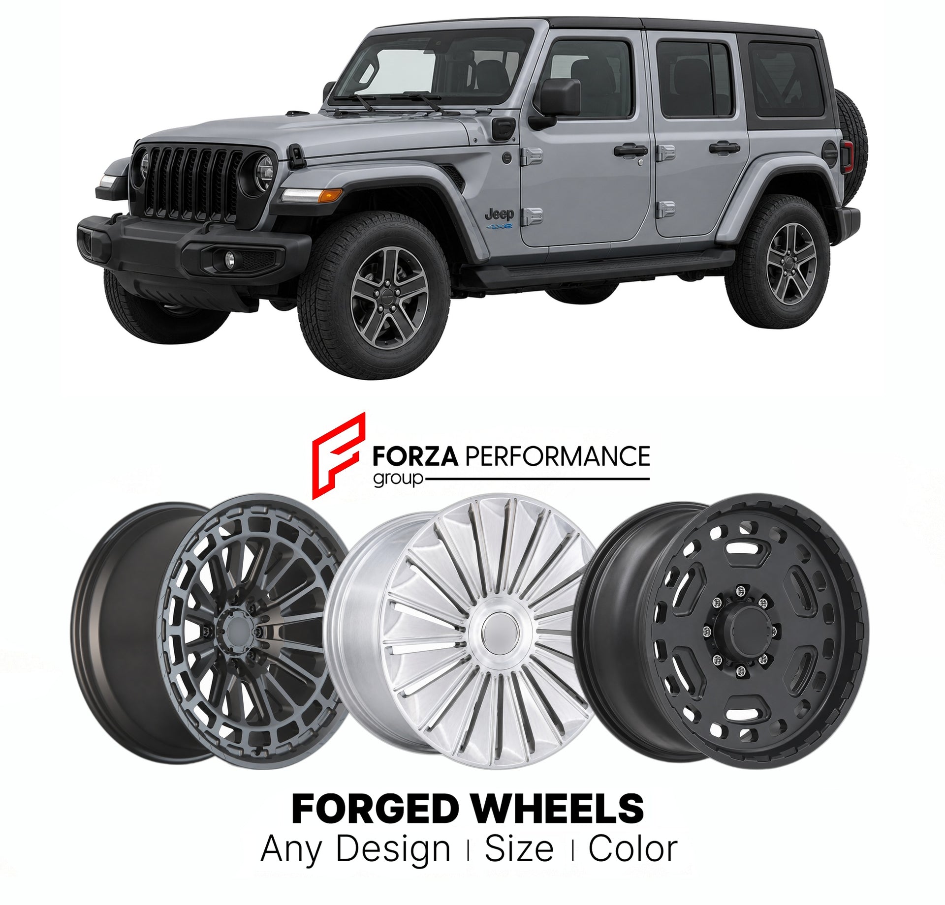 FORGED WHEELS RIMS for JEEP WRANGLER 4XE JL PHEV 2021+

Custom forged wheels for Jeep Wrangler 4xe JL PHEV 2021+. Made-to-order monoblock, 2-piece and 3-piece rims in custom sizes, offsets, colors and finishes with guaranteed fitment.

We manufacture premium quality forged wheels rims for Jeep Wrangler 4xe JL PHEV 2021+ in any design, size, color.

THIS WHEEL DESIGN CAN BE CUSTOM-MADE FOR YOUR CAR IN ANY SIZE AND COLOR OPTIONS
Available in monoblock, 2-piece, 3-piece, duoblock, beadlock
3D wheel renderings 